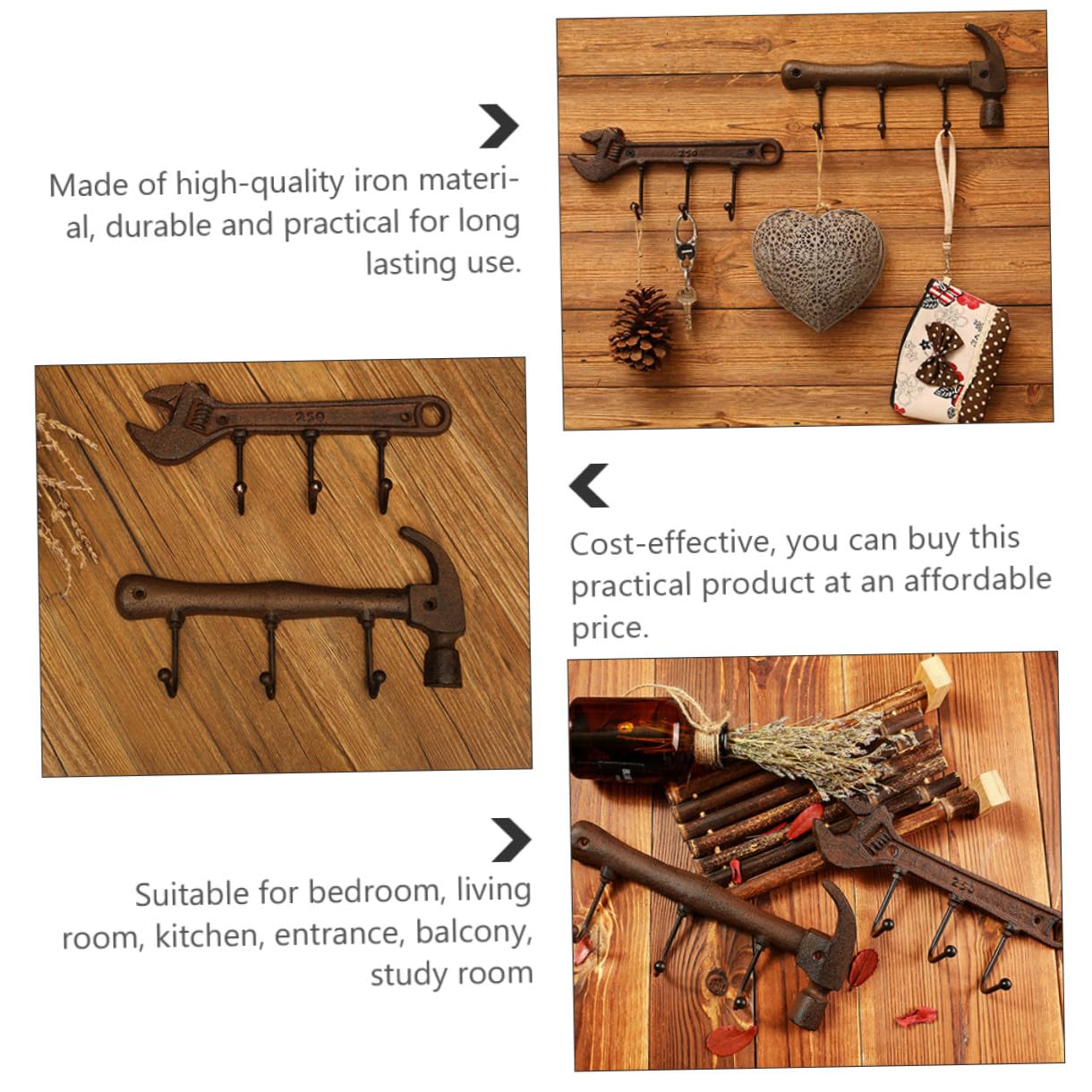 Gancio a Parete in Ferro Stile Industriale Americano, Set da 2 Ganci Appendiabiti a Forma di Martello e Chiave Inglese, Portaoggetti Decorativo per Soggiorno Cucina Bagno Ufficio