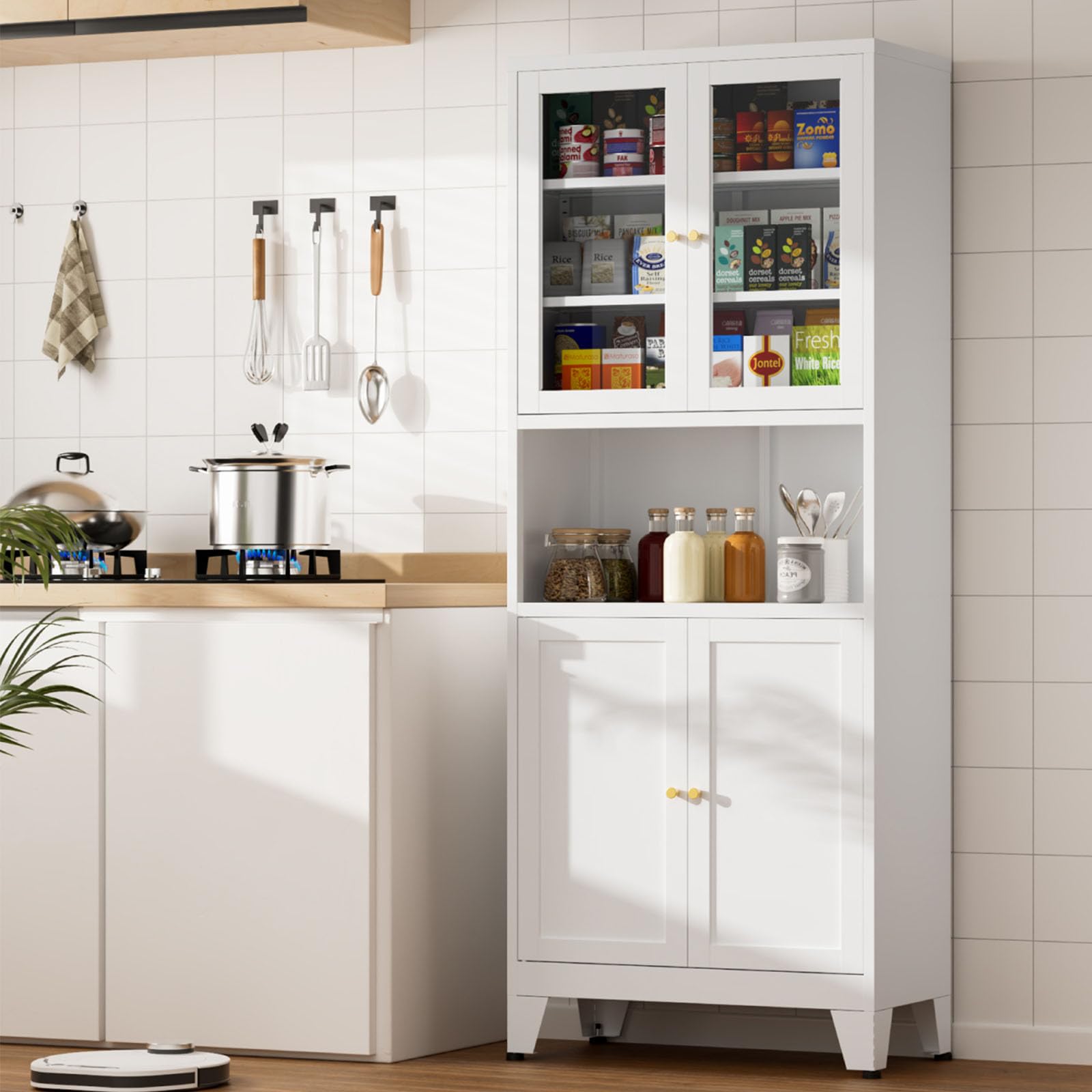 XIOMIOHTRQ Metal Kitchen Pantry Cabinet, 69" Tall Storage Cabinet with 4 Doors and 3 Adjustable Shelves, Freestanding Cupboards with Microwave Stand