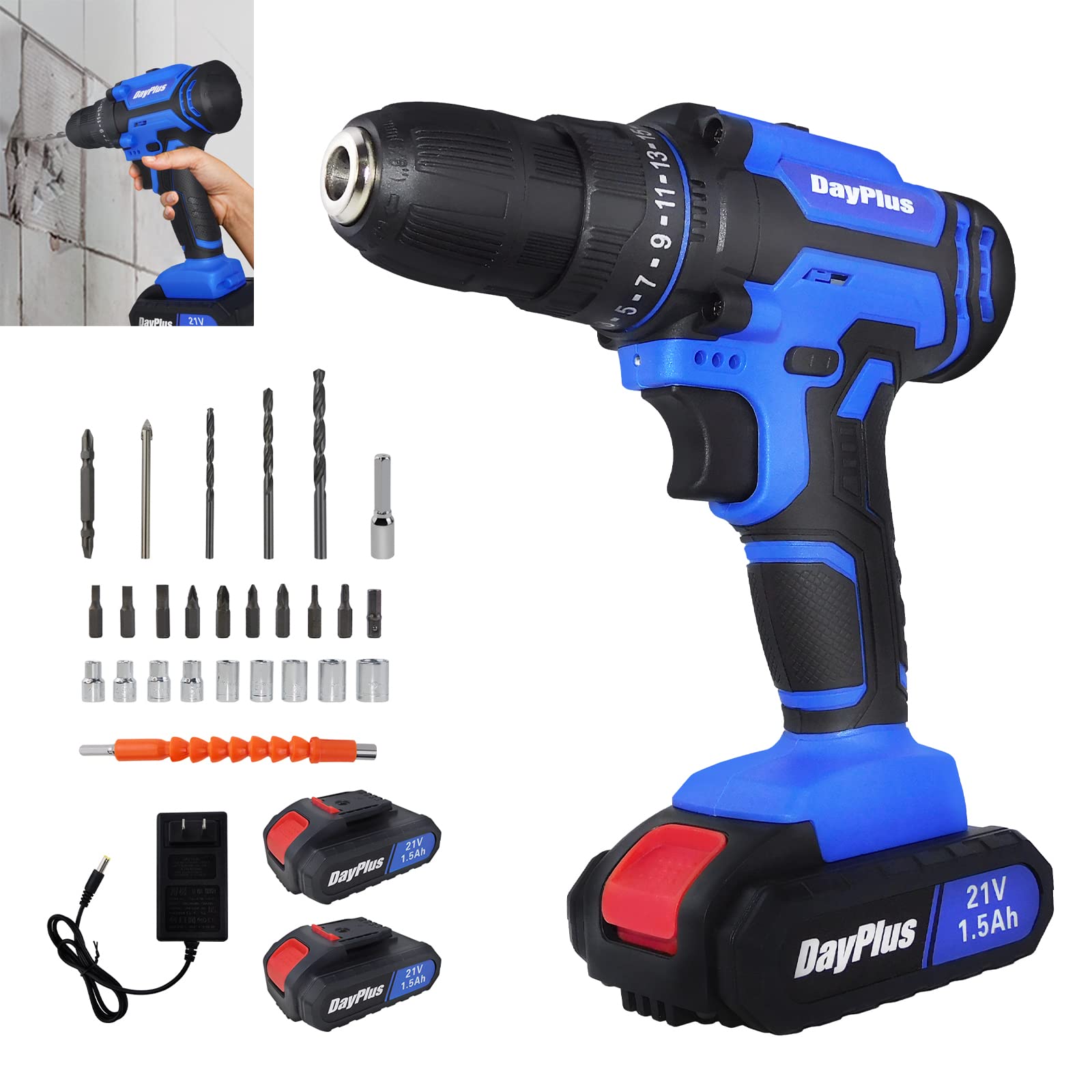 Trapano avvitatore elettrico a batteria da 21 V con mandrino autoserrante da 3/8" 388 "-lb Coppia 2 velocità variabili 25+1 frizione regolabile 26 pezzi accessori con 2 batterie e caricabatterie