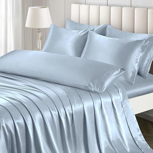 Miniatura 1 de Ersmak Juego de sábanas de satén de 7 piezas tamaño King, juego de sábanas de satén azul claro sedosas de lujo con 1 sábana bajera de bolsillo
