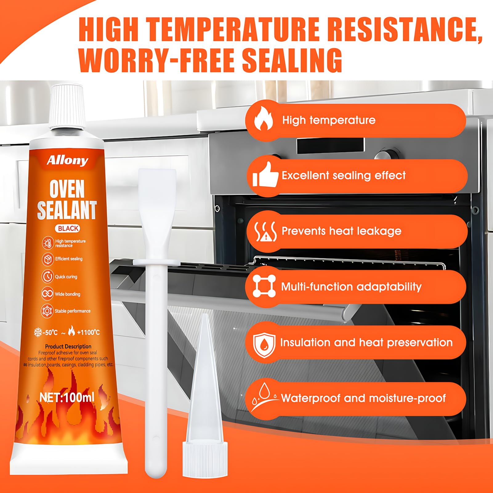 ALLONY Silicone Alta Temperatura, Colla Alte Temperature, Nero Adesivo Resistente al Calore, Calore Fino 1100 Gradi, Adatto per Sigillatura ad Alta Temperatura Vari Tipi di Guarnizione Forn - 2