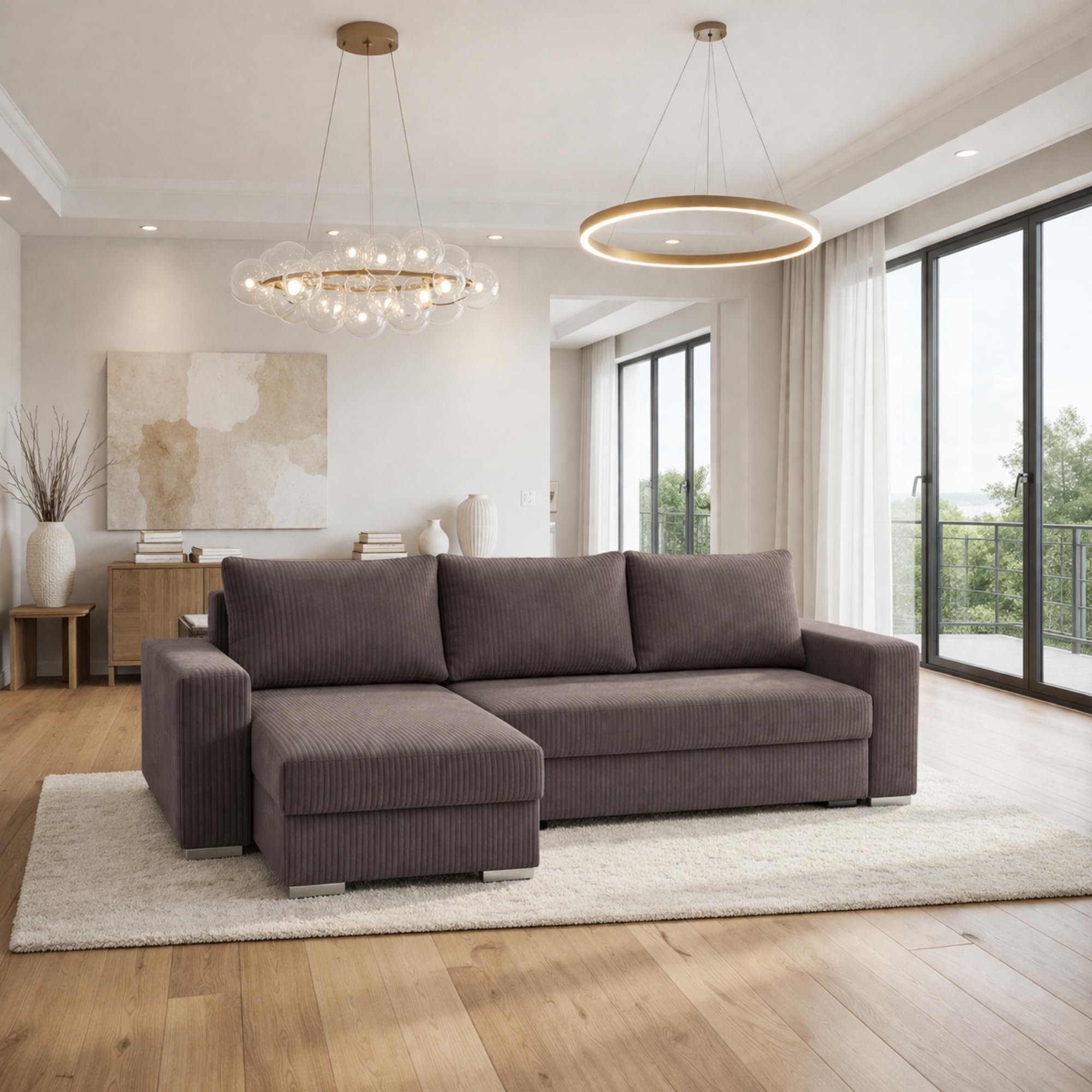 Narożnik Bravia z funkcją spania – Wolnostojący – Komfort i styl w minimalistycznej formie Automat ułatwiający rozkładnie – 235 x 140 x 90 cm – Zoom 6 (Brąz)