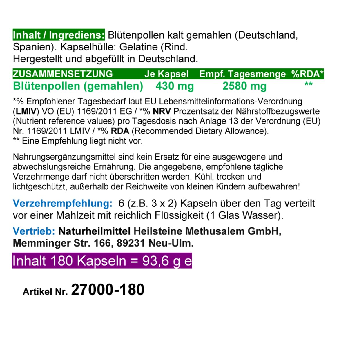 BLÜTENPOLLEN Bienenpollen 540 (3x180) Pulver Kapseln OHNE ZUSATZSTOFFE natürliche Vitamine Mineralien Antioxidantien. Imkerpollen, Imkerqualität. Kalt vermahlen. 100% NATUR pur. 27000-5