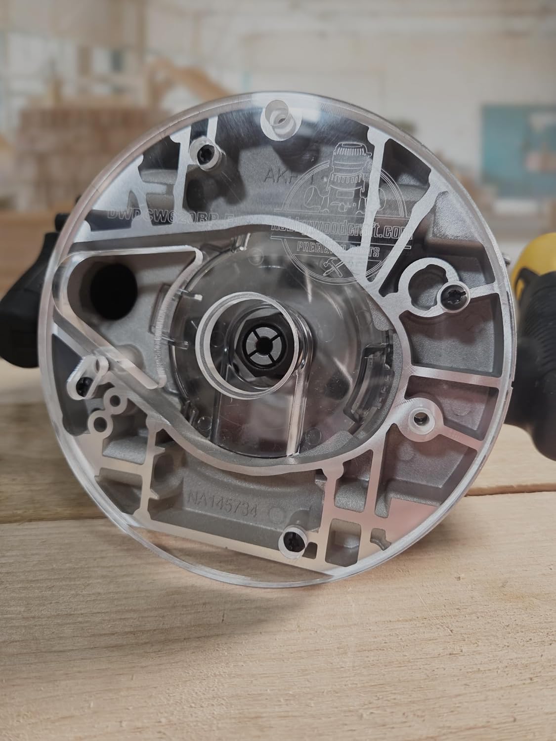 3/8″ Thick baseplate upgrade with a recess for bushings. Compatible with dewalt DCW620B plunge base.