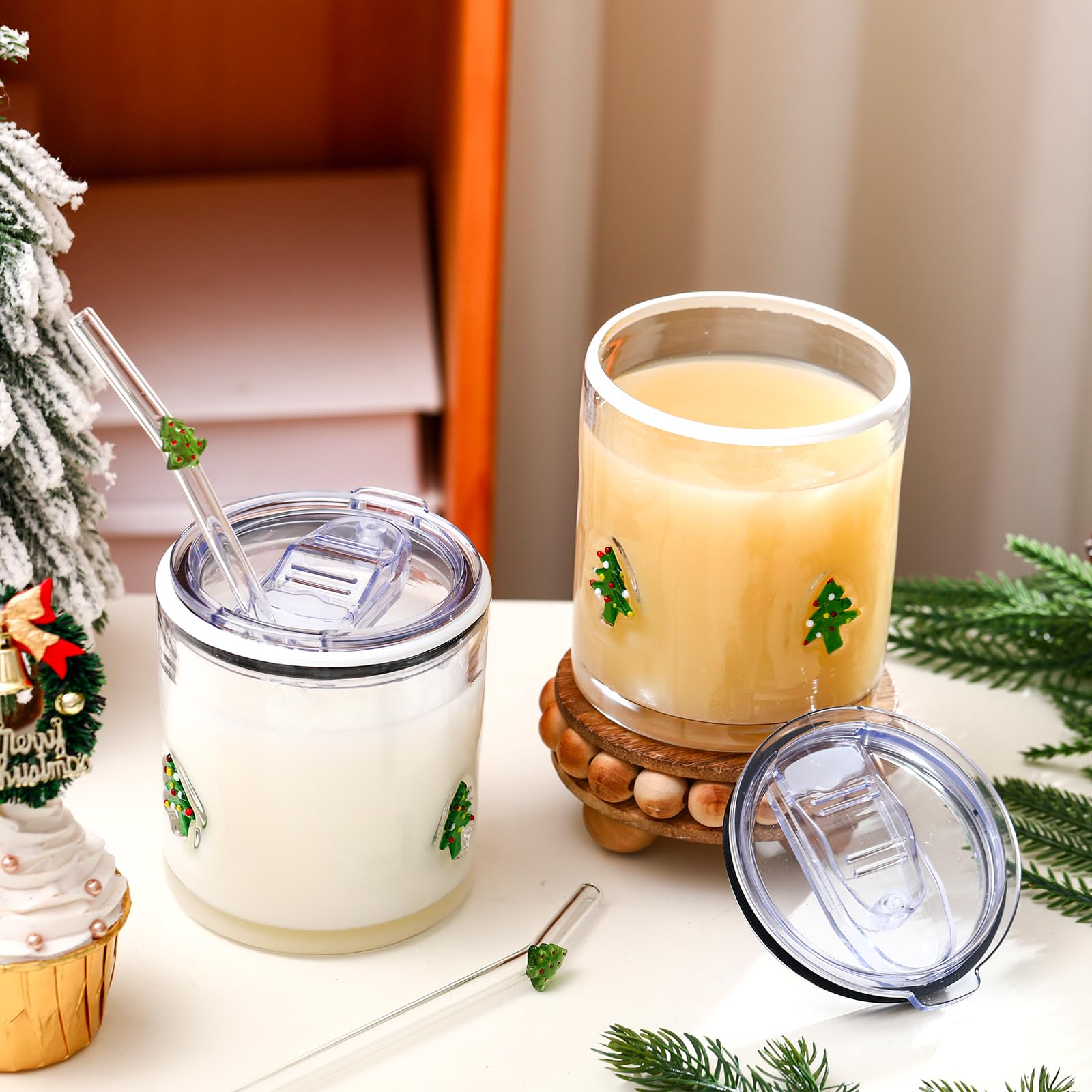 Patelai Lot de 2 verres à café glacé réutilisables avec couvercles et pailles de 445 ml – Jolis gobelets de Noël pour adultes, femmes et hommes
