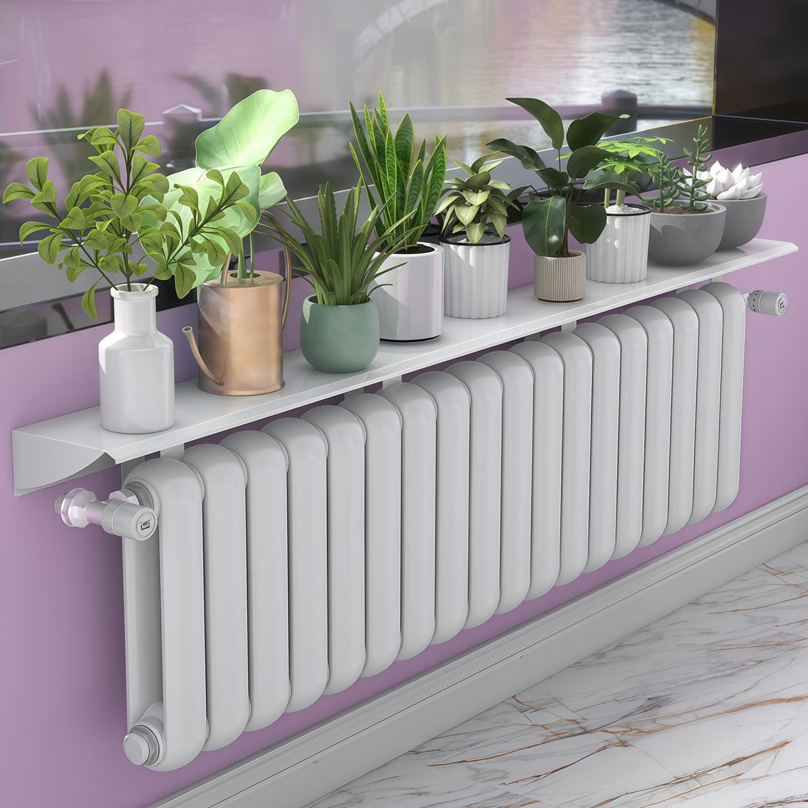 Étagère flottante pour radiateur avec supports sans perçage bois blanc