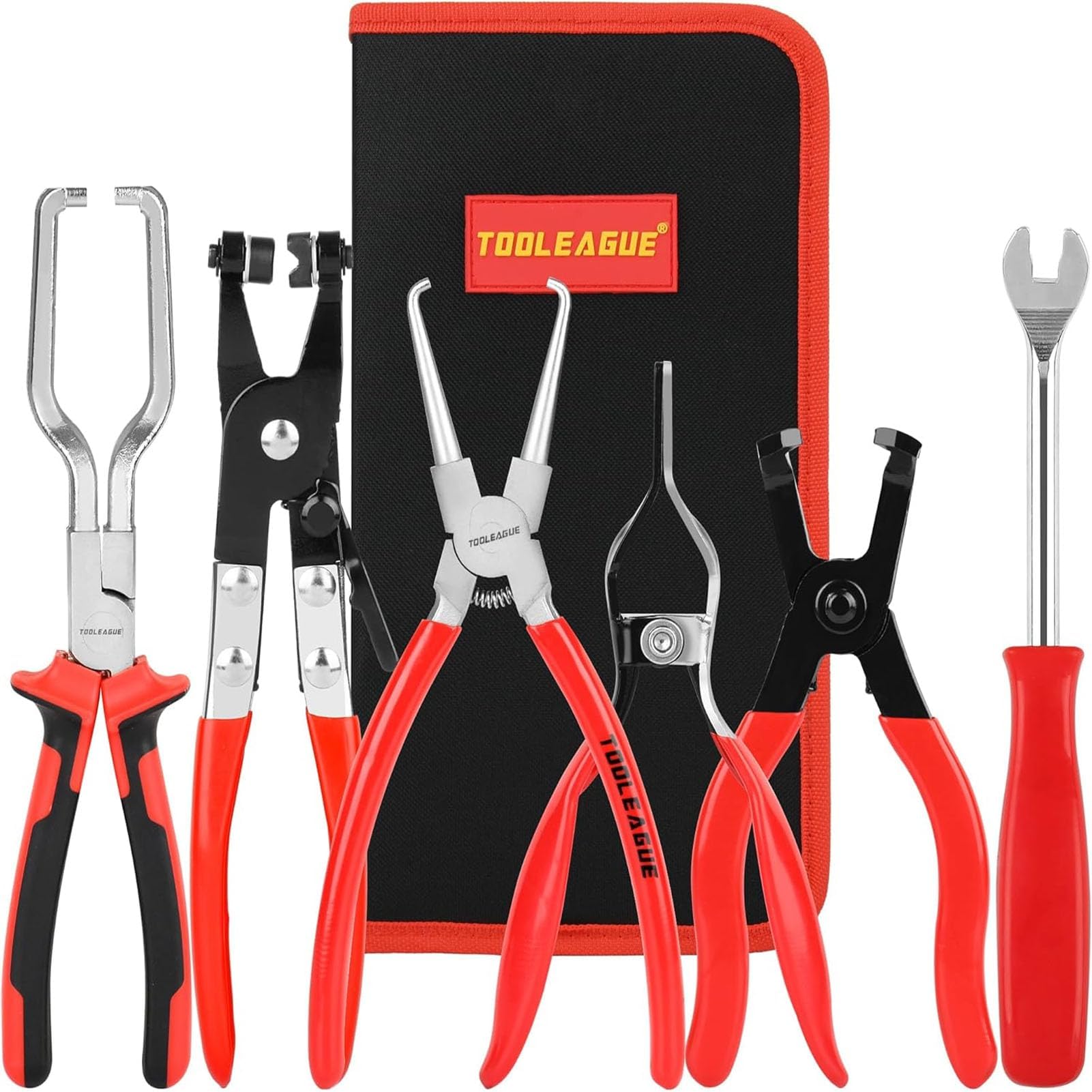 TOOLEAGUE Fuel Line Pliers Set 6Pcs, Hose Remover, 9" Fuel Filter Caliper, Hose Pipe Clamp Clip, Flat Hose Clamp Plier, 30 Degree Disconnect Pliers Set for Auto Maintenance with Storage Case