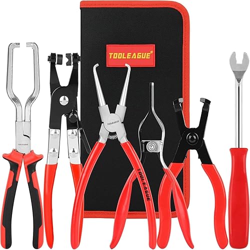TOOLEAGUE Fuel Line Pliers Set 6Pcs, Hose Remover, 9" Fuel Filter Caliper, Hose Pipe Clamp Clip, Flat Hose Clamp Plier, 30 Degree Disconnect Pliers Set for Auto Maintenance with Storage Case