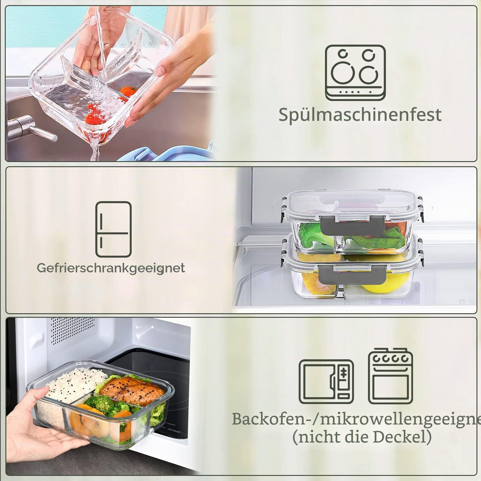 [5 Packungen] Glasbehälter für Mahlzeiten mit 3 Fächern mit Deckeln, Glas-Lunch-Behälter, Lunchbox, Bento-Box, BPA-frei, Mikrowelle, Backofen, Gefrierschrank, spülmaschinenfest (36 oz)