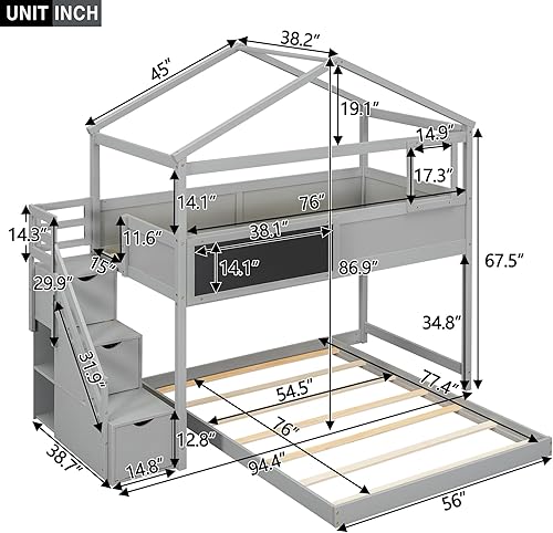 Miniatura 23 de P PURLOVE Litera de casa individual sobre individual con tobogán para niños, adolescentes, litera de madera tamaño individual con techo para sala de