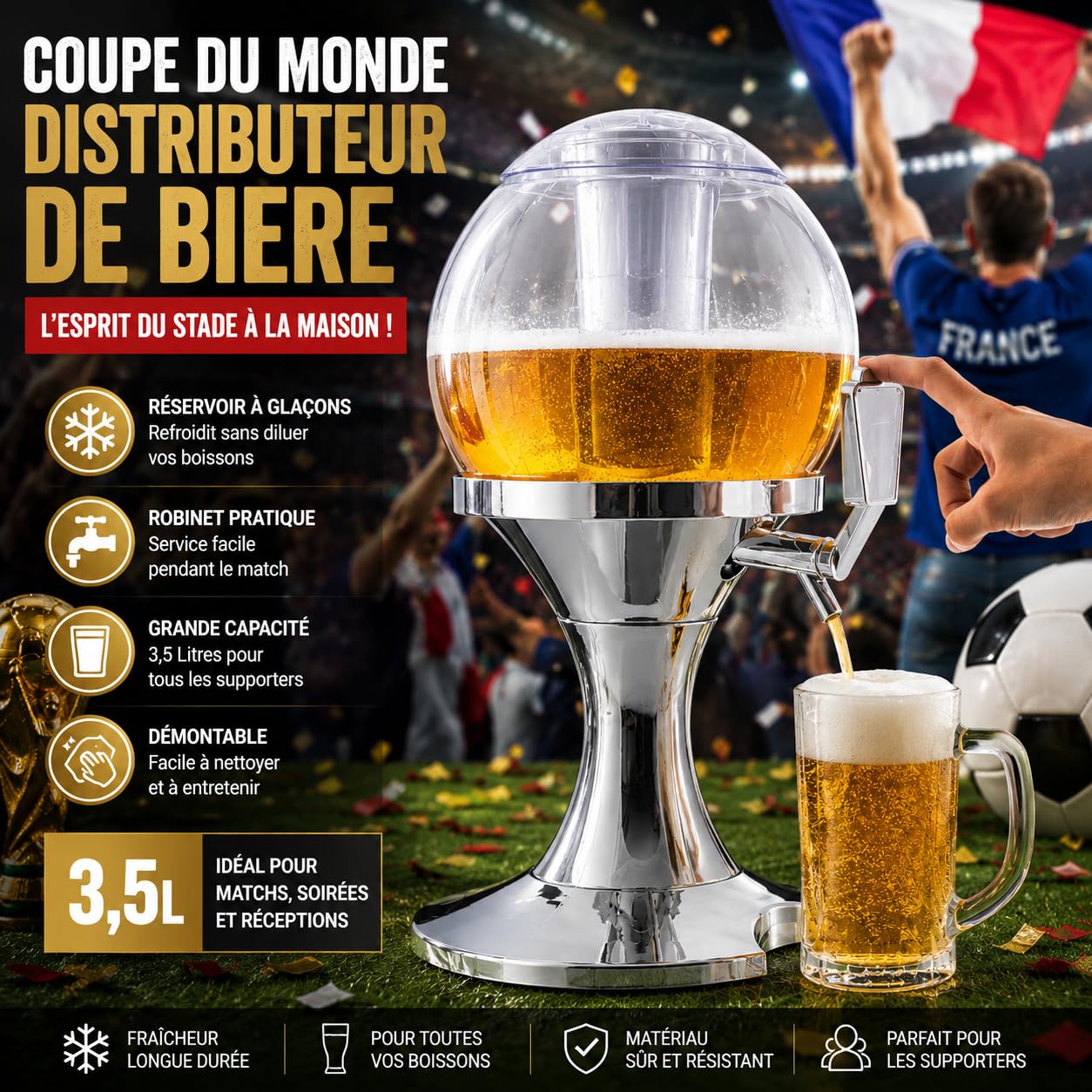 Jirafa de cerveza de fútbol 3,5 L, dispensador de cerveza refrigerante con grifo, fuente de bebidas, pelota de fútbol, depósito para cubitos de hielo, fiestas de partidos y seguidores