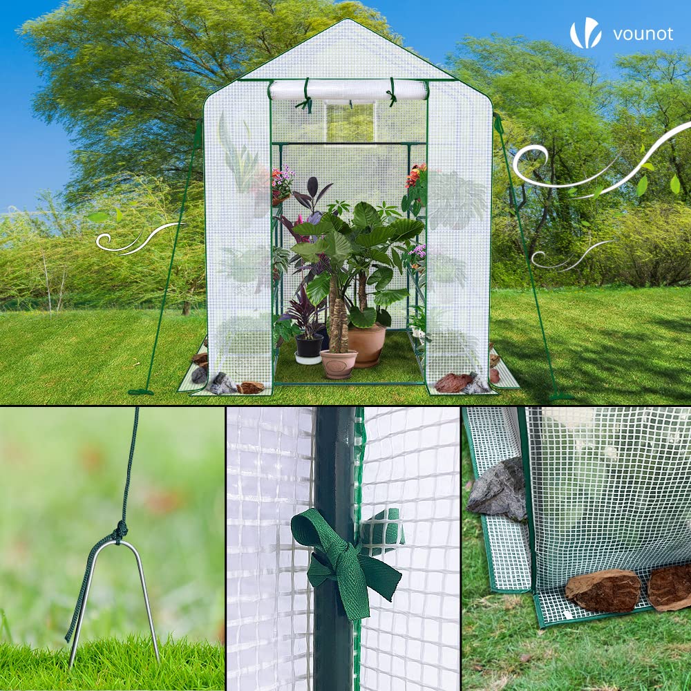 VOUNOT Serra da Giardino 143x215x195 cm con Porta Avvolgibile e Finestra di Osservazione, Mini Serra Orto Vivaio per Piante 12 Ripiani per Fiori Verdure Crescita, Bianco