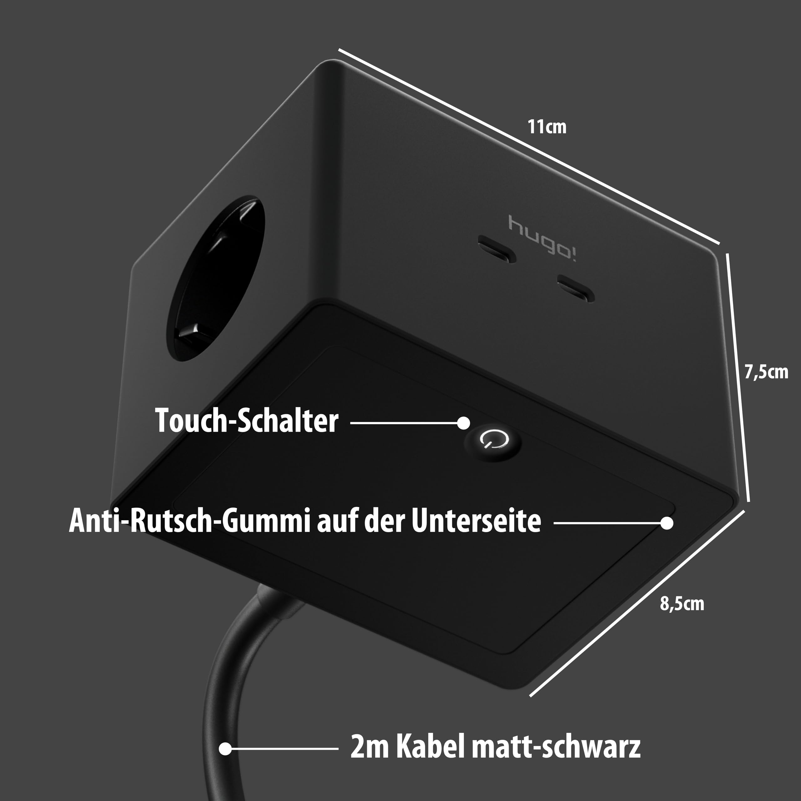 Brennenstuhl Hugo! One 2nd Gen. Cubo de enchufes con USB C 20W PD | (cargador inalámbrico, regleta USB C, interruptor táctil, estación de carga inductiva con cable de 2m) negro intenso