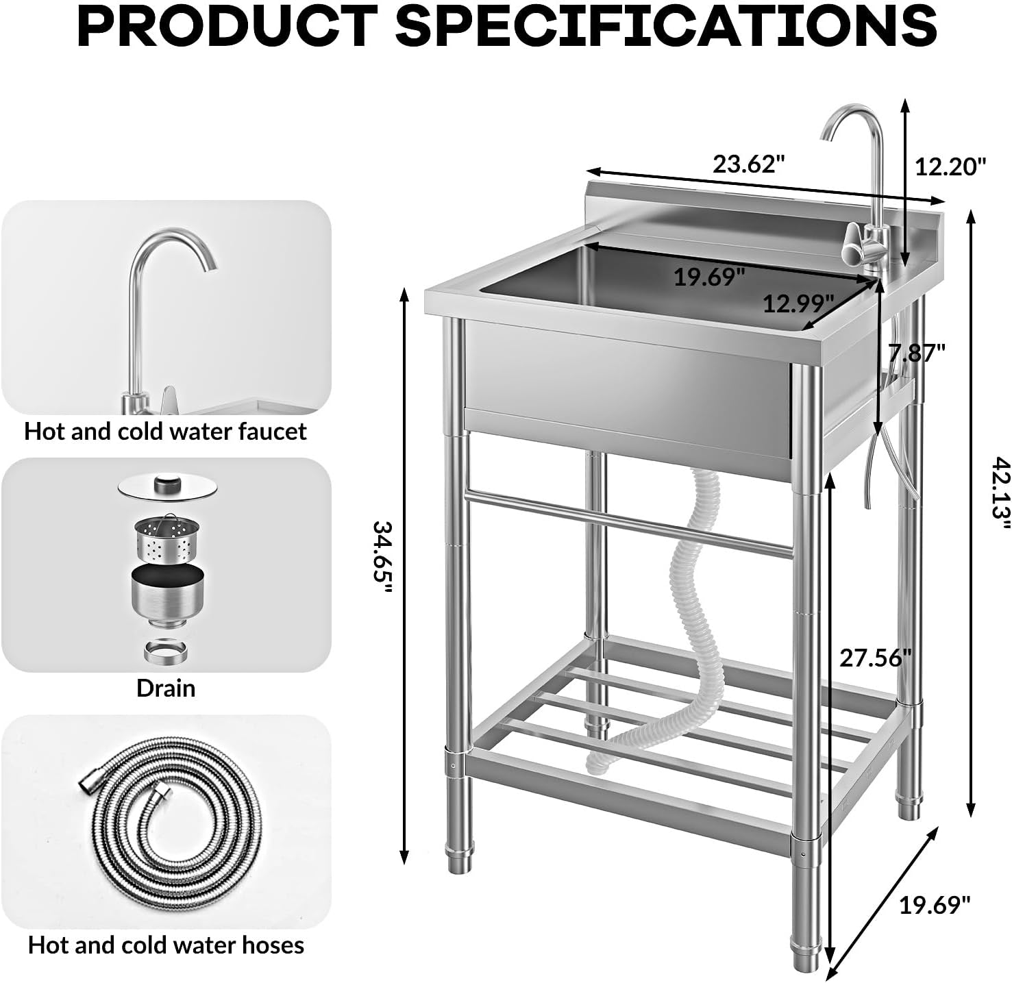 Free Standing Utility Sink, 24" Single Bowl Stainless Steel Commercial Kitchen Sink with Cold and Hot Water Pipe, for Indoor & Outdoor