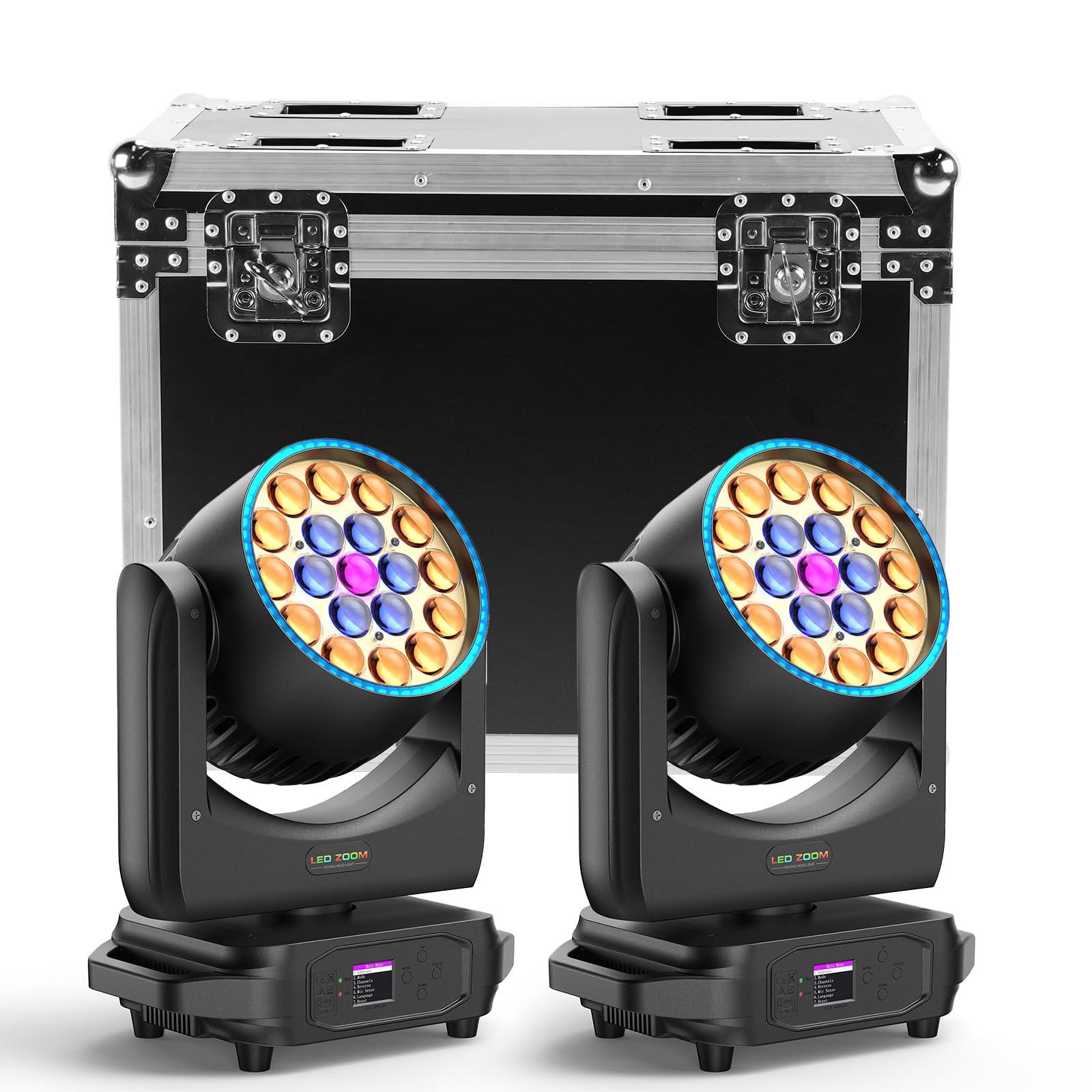 2Pcs 19x20W Lyre LED + 60 Perles avec Flightcase, RGBW Zoom Wash avec Bande LED d-mx512 Activé par le Son pour Scène Soirée Club DJ Mariage