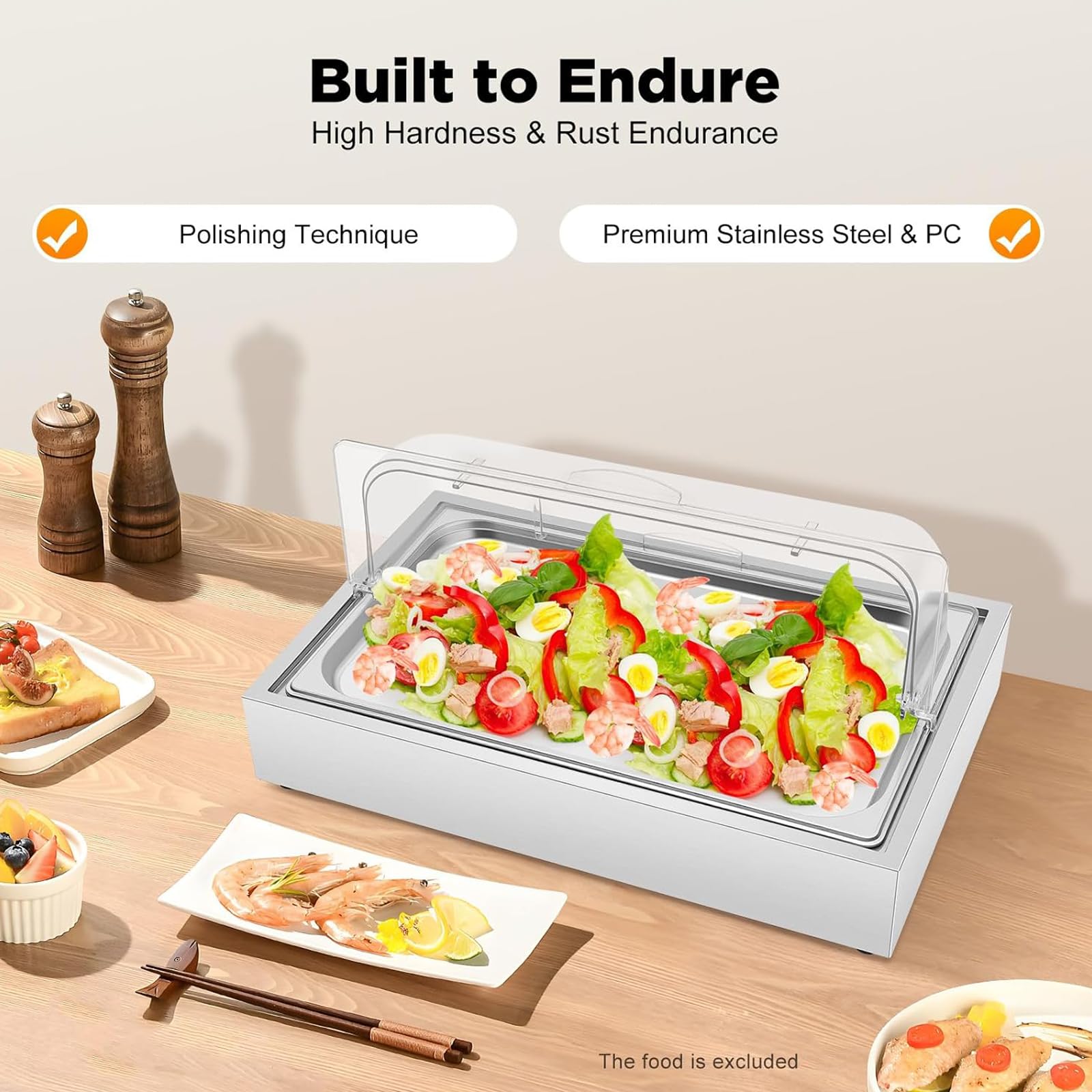 Bandeja De Exhibición para Servir Alimentos Fríos De 6 litros, Servidor De Buffet De Acero Inoxidable para Alimentos Fríos, Material Visual De PC, Grueso En Ambos Lados, Diseño Desmontable