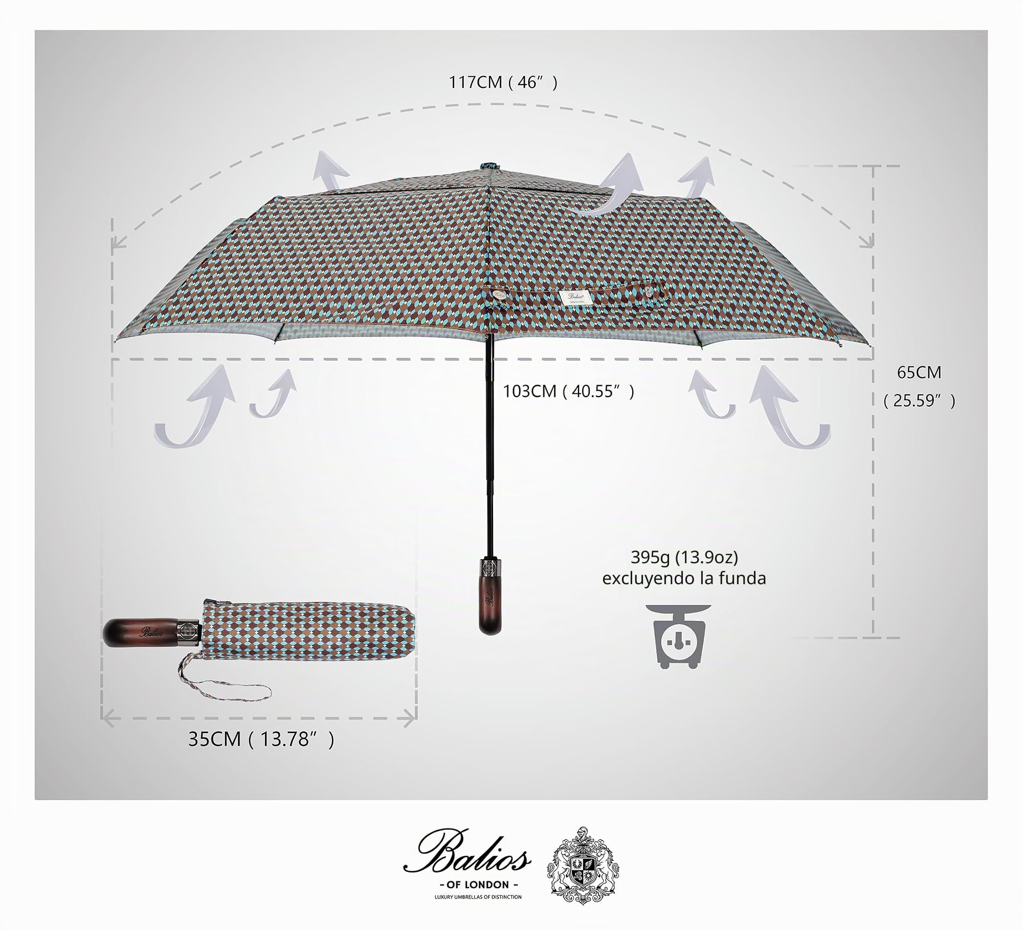 Balios Paraguas plegable con mango de madera real, apertura y cierre automático, con dosel ventilado, S