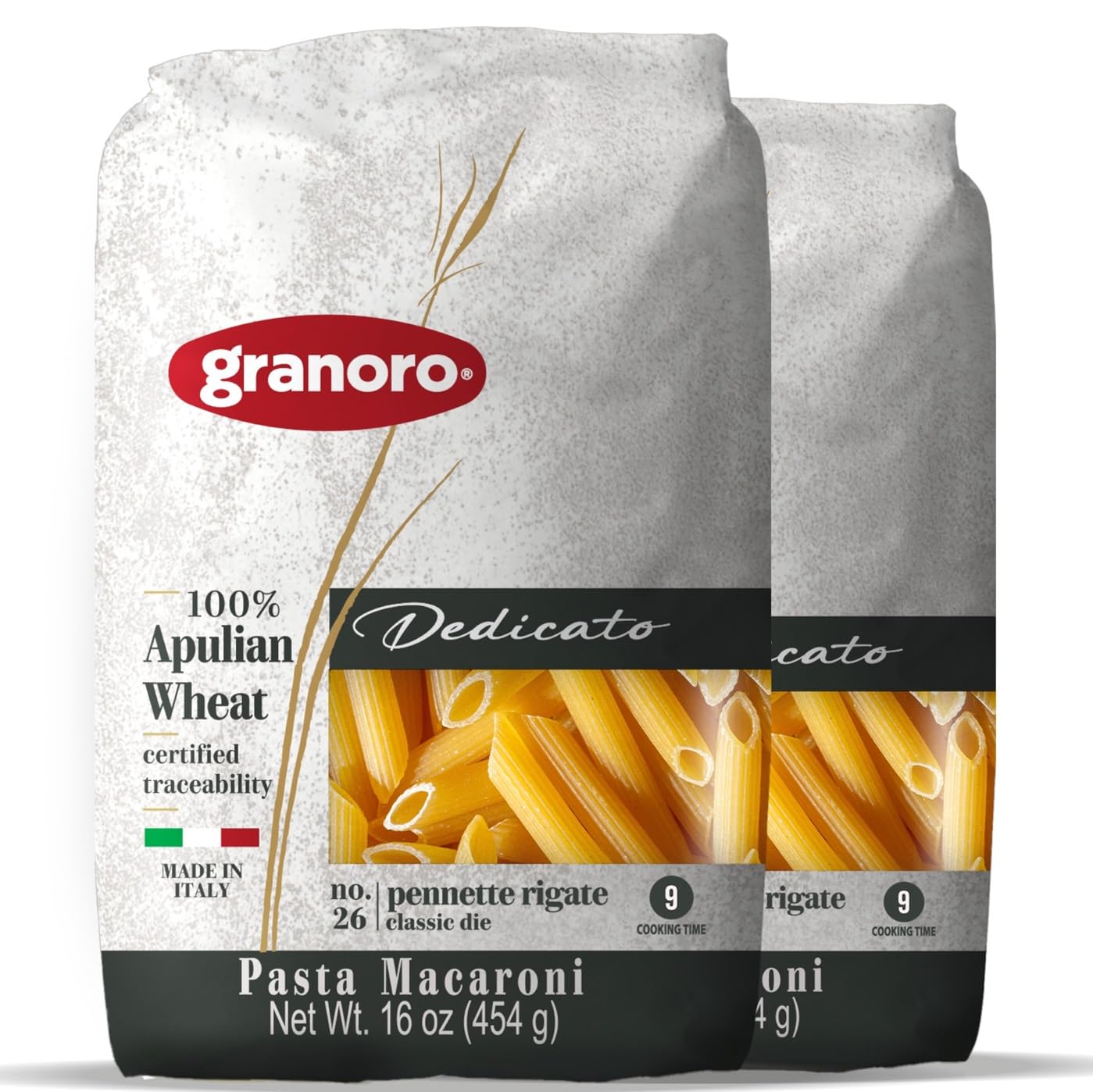 Granoro Dedicato Penne Rigate #26 - Authentic Italian Pasta, Made from 100% Puglia Durum Wheat Semolina, Non-GMO, Vegan, 1 lb Bags (Pack of 2)