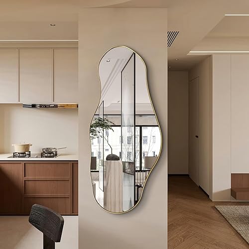 Miniatura 11 de Espejo irregular, espejo asimétrico de 30 x 20 pulgadas con marco de metal dorado, modernos espejos de forma extraña, espejos de pared abstractos