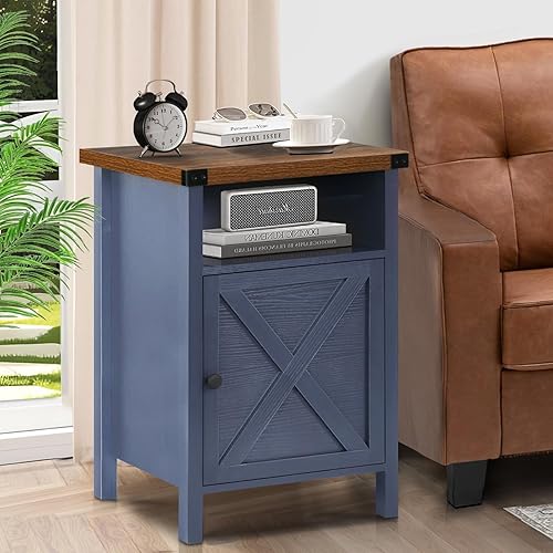 Miniatura 16 de Catrimown Mesa auxiliar de granja, juego de 2 mesitas de noche, mesita de noche rústica con puerta de granero y estante de almacenamiento, mesa