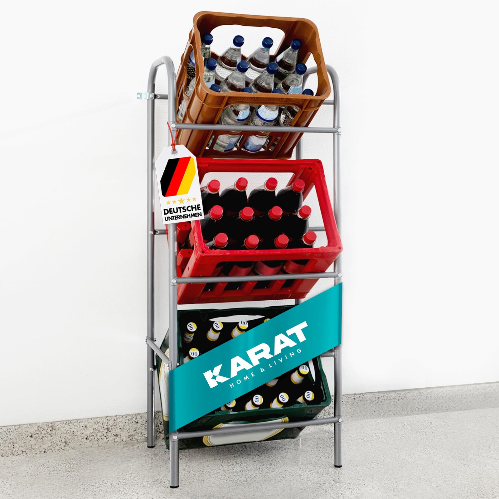 KARAT Kisten Aufbewahrung für 3 Kästen Getränkekistenregal, Flaschenregal, Getränkekistenhalter für Keller, Speisekammer, Garage aus Metall in grau 49,5x32,5x115,5 cm