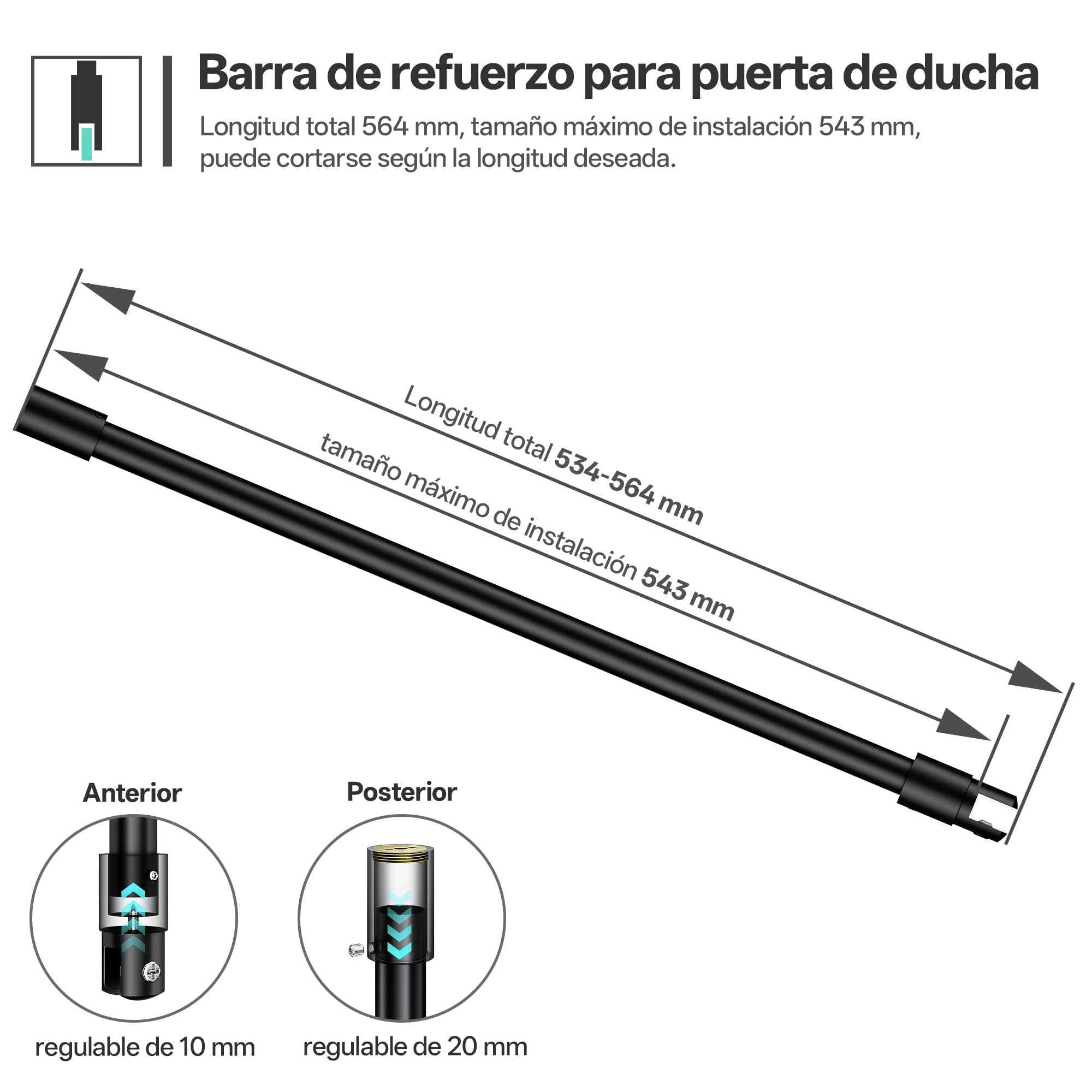 Barra estabilizadora de techo para mampara de ducha, para vidrio de 6-10 mm, longitud 564 mm, acero inoxidable 304, negro mate