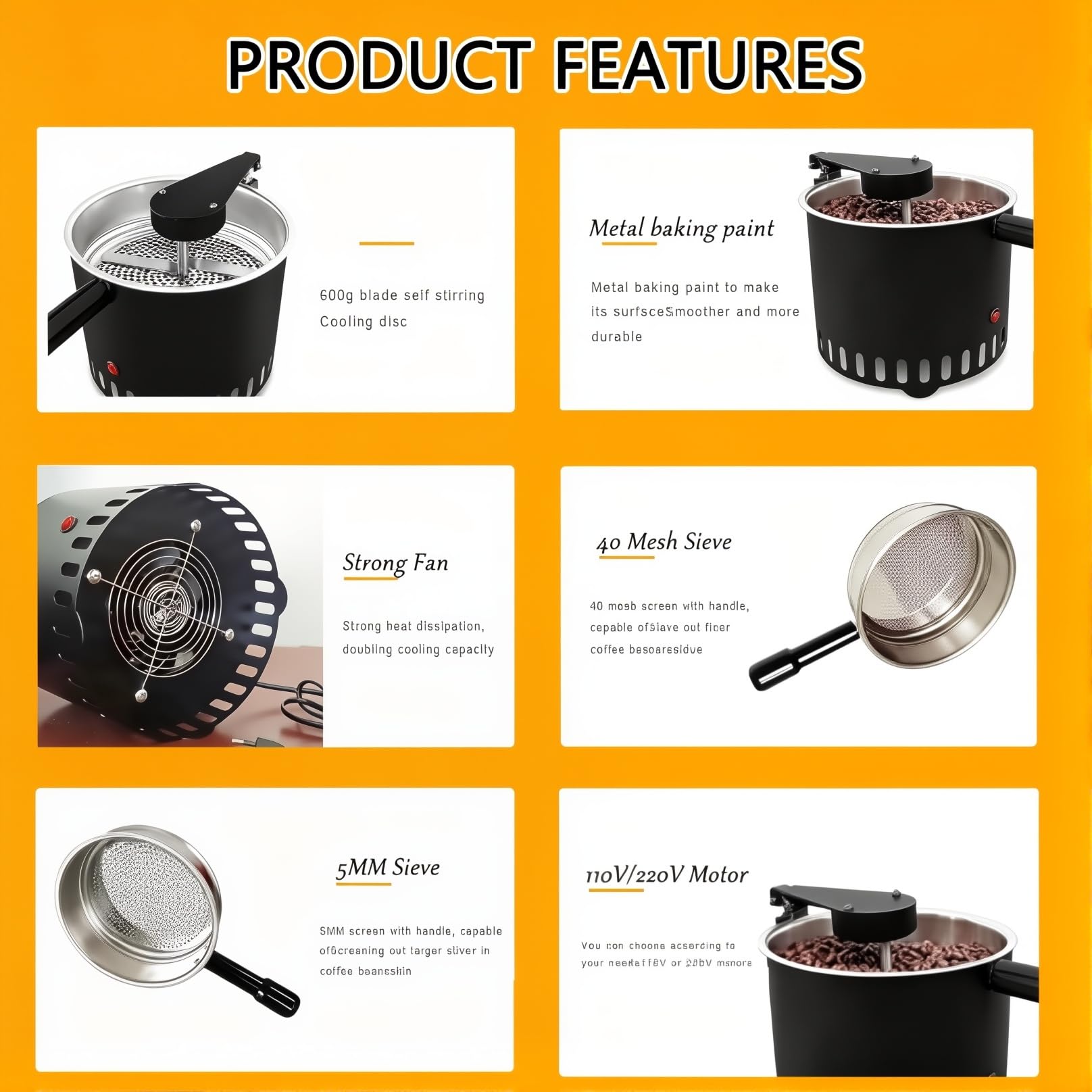 Obrotowa Chłodziarka Do Ziaren Kawy 500G, Maszyna Chłodząca Do Pieczenia | Automatyczne Mieszanie, Silnik 3600 Obr./min, Szybkie Chłodzenie Do Użytku W Domowej Kawiarni W Restauracji(5mm)
