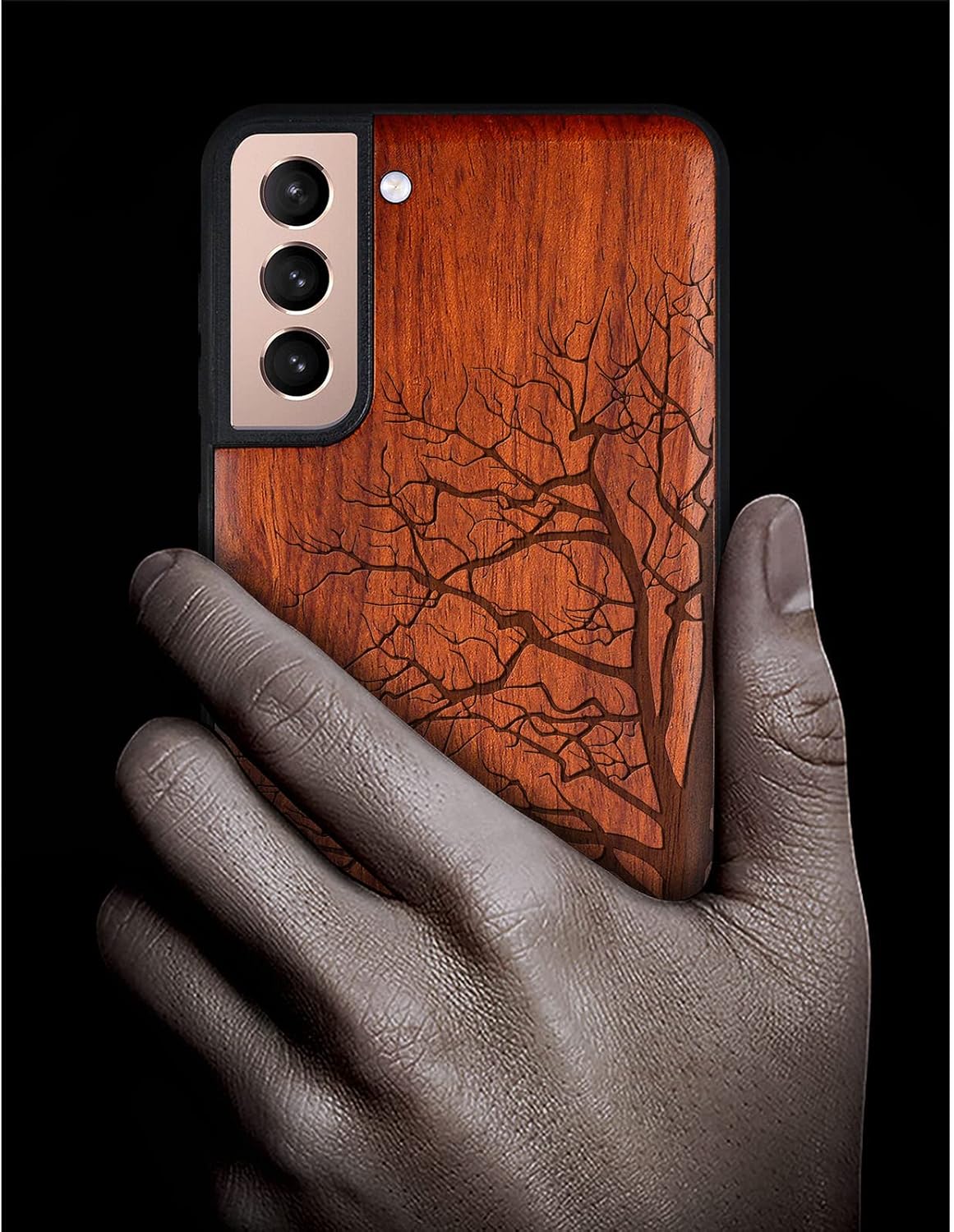 Carveit Wood Case for Galaxy S21 Case [Hard Real Wood & Soft TPU] Shockproof Hybrid Protective Unique Wooden Cover Compatible with Samsung S21 5G (Eternal Tree Carving-Rosy)