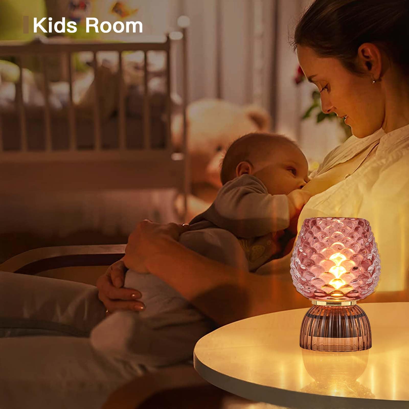 Lámpara a pilas con temporizador, pequeña lámpara de mesa de cristal inalámbrica para decoración del hogar, dormitorio, luz ambiental, regalo de vacaciones, hongo, pincone, rosa 4