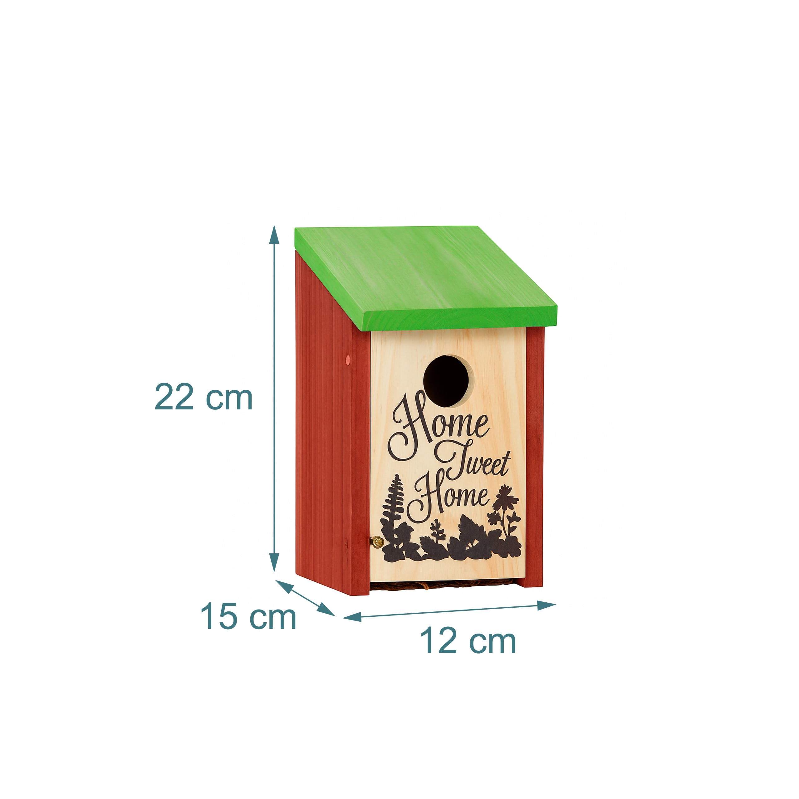 Relaxdays Nichoir à oiseaux HOME SWEET HOME pour petits oiseaux bois porte HxlxP 21,5 x 12 x 15,2 cm à suspendre, vert rouge