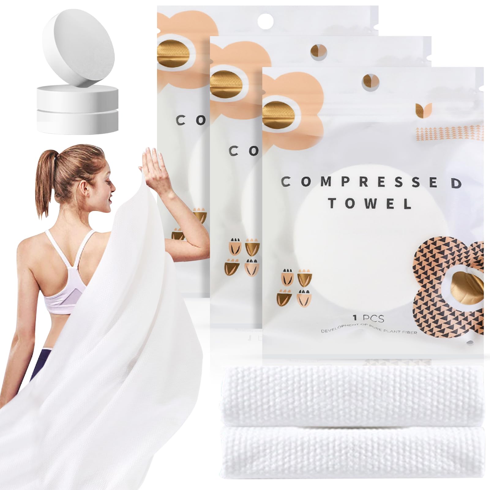 GXF 3 Packs Compressed Bath Towel Tablets, 56'' x 28'' Pure Cotton Portable Disposable Hypoallergenic Dehydrated Expandable Compact Compressed Towels Washcloths for Camping Swimming Traveling Hiking