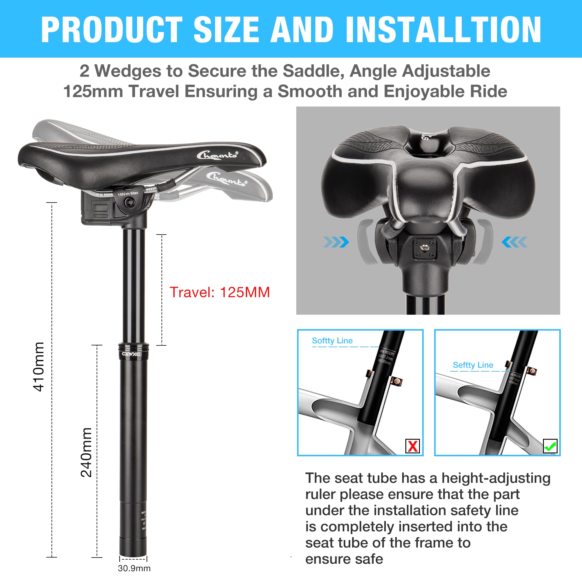 CXWXC Tige de selle abaissable sans fil 27,2 / 30,9 / 31,6 mm - 125 mm - Tige de selle avec télécommande pour VTT, gravel et vélos électriques
