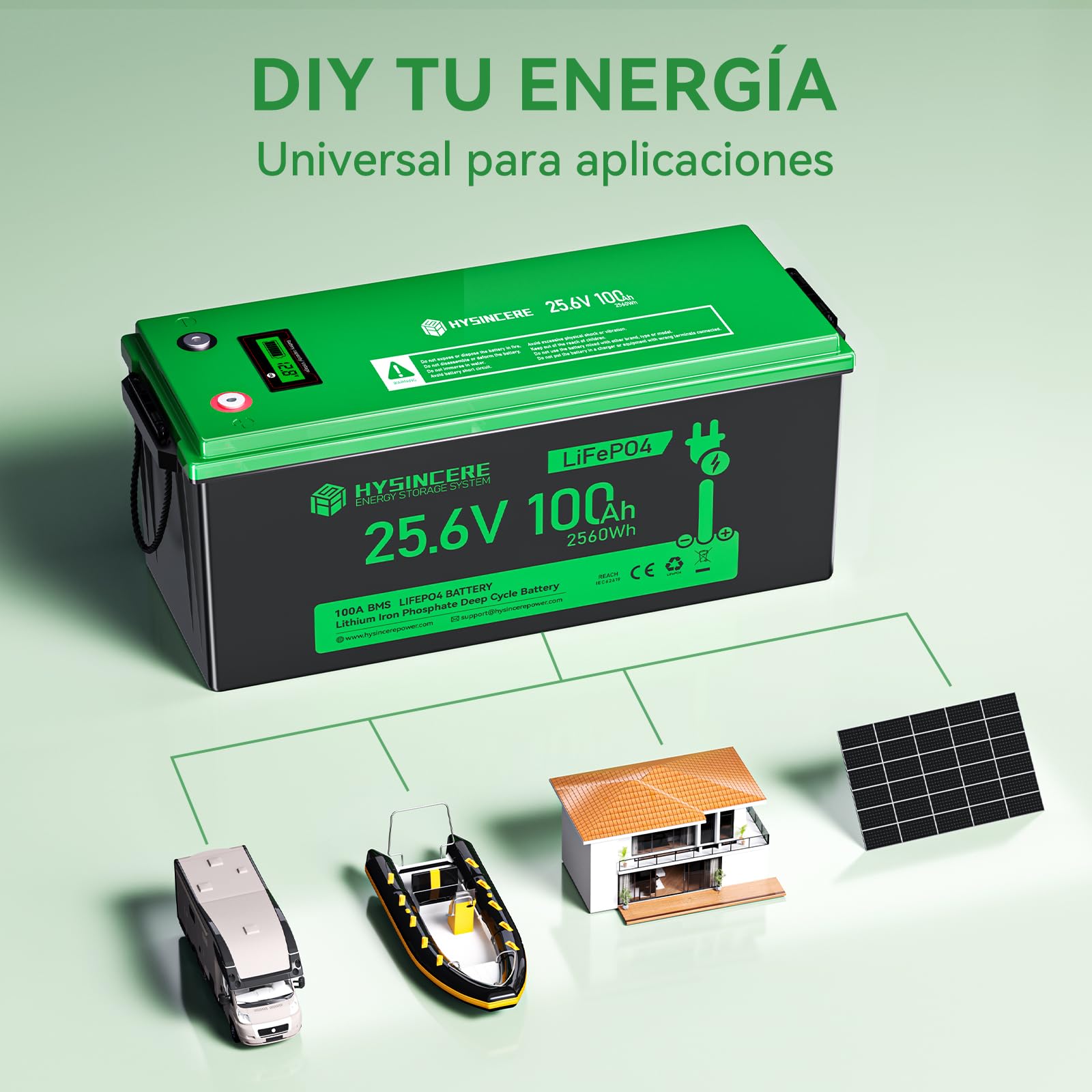 Batería de litio LiFePO4 100Ah 24V con LED, de larga duración (más de 4000 ciclos), 2560Wh, con protección BMS — para autocaravanas, embarcaciones, camping y sistemas solares.
