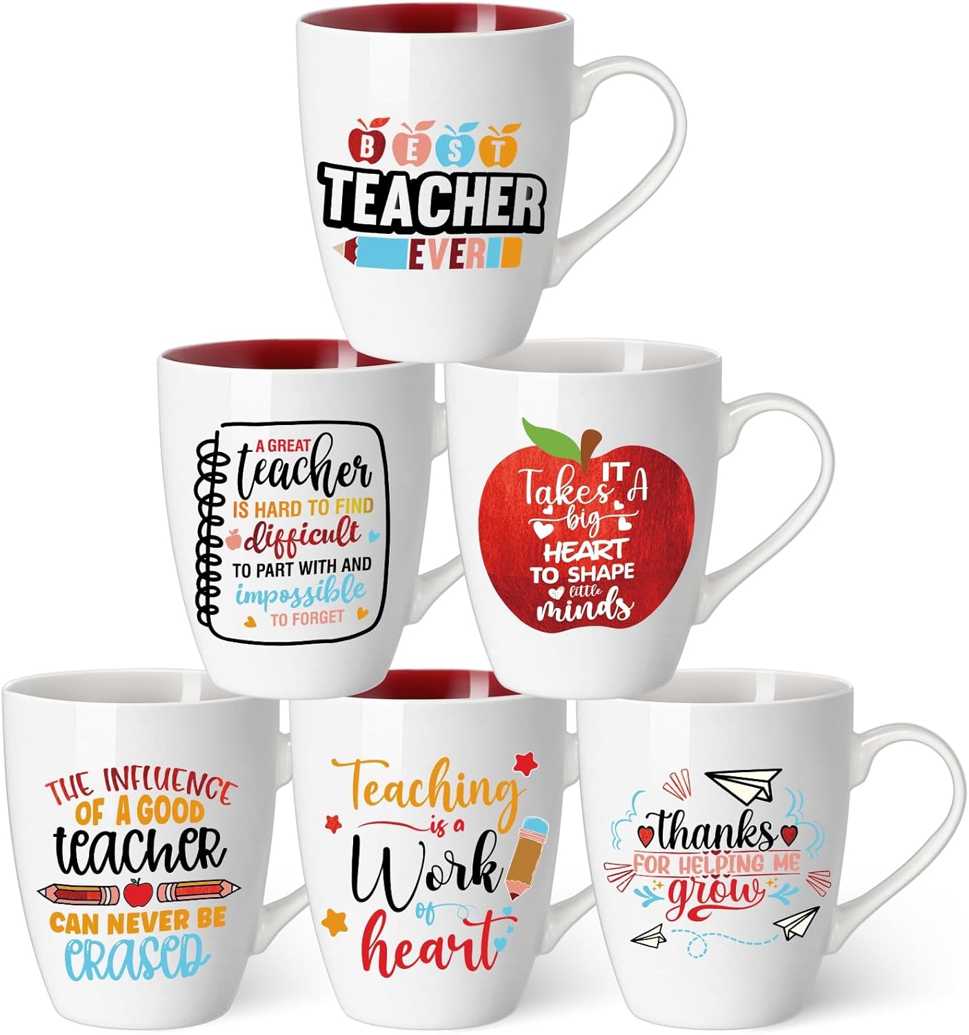 Shellwei 6 Pack Teacher Coffee Mugs Set 11 oz Ceramic It Takes a Big Heart Coffee Mug Mugs with Handles for Women Men Kindergarten Preschool Primary Teacher Appreciation Gifts(Colorful)