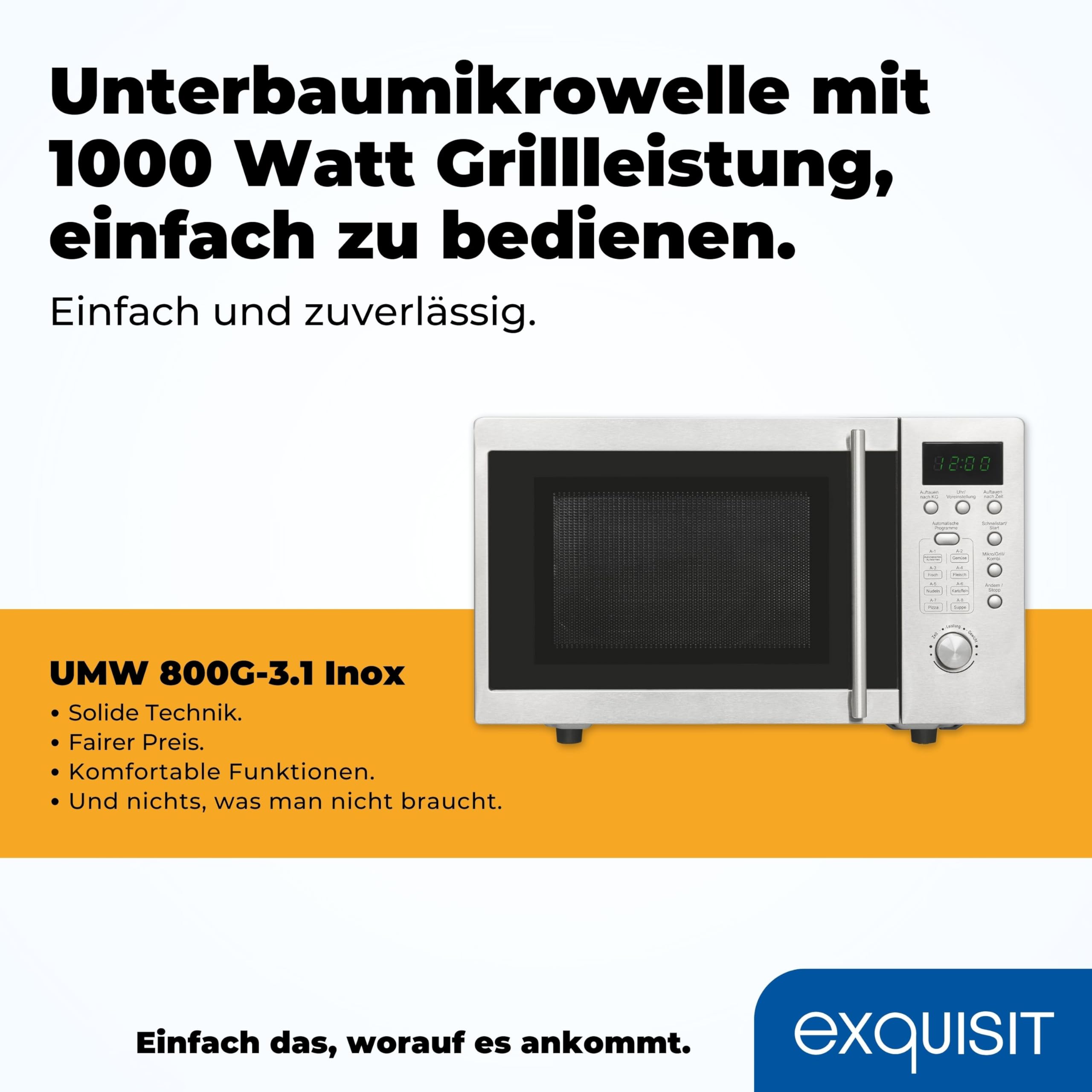 Exquisit Unterbau-Mikrowelle mit Grill - 800 W, 20 L, Inox | Mikrowelle unterbaufähig mit 1000-W-Grill, Kindersicherung, Schnellstart & Drehteller 245 mm
