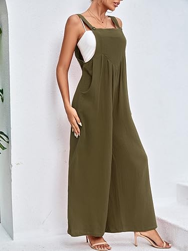 Miniatura 4 de LYANER Overol holgado de verano para mujer, de lino y algodón, de pierna ancha, tirantes delgados, con bolsillos