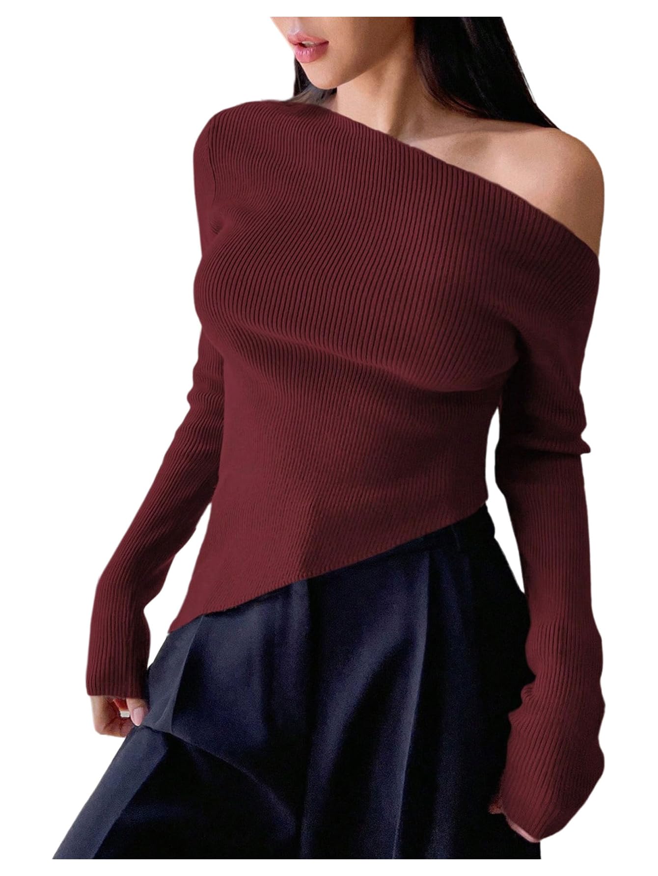 Womens Off The Shoulder Asymmetrical Hem Sweaters Ribbed Knit Long Sleeve Pullovers Elegant Tops