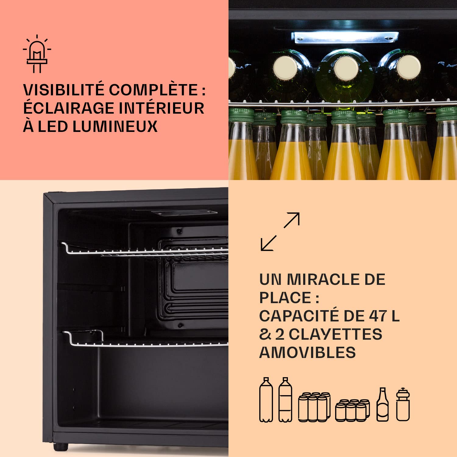 KLARSTEIN Mini Frigo de Chambre de 47L pour Boissons et Bieres, Petit Frigo Silencieux, Mini Bar Intérieur/Ext, Petit Refrigérateur Camping, Stockage de Vins et Boisssons, Étagères Amovibles, 5-18°C