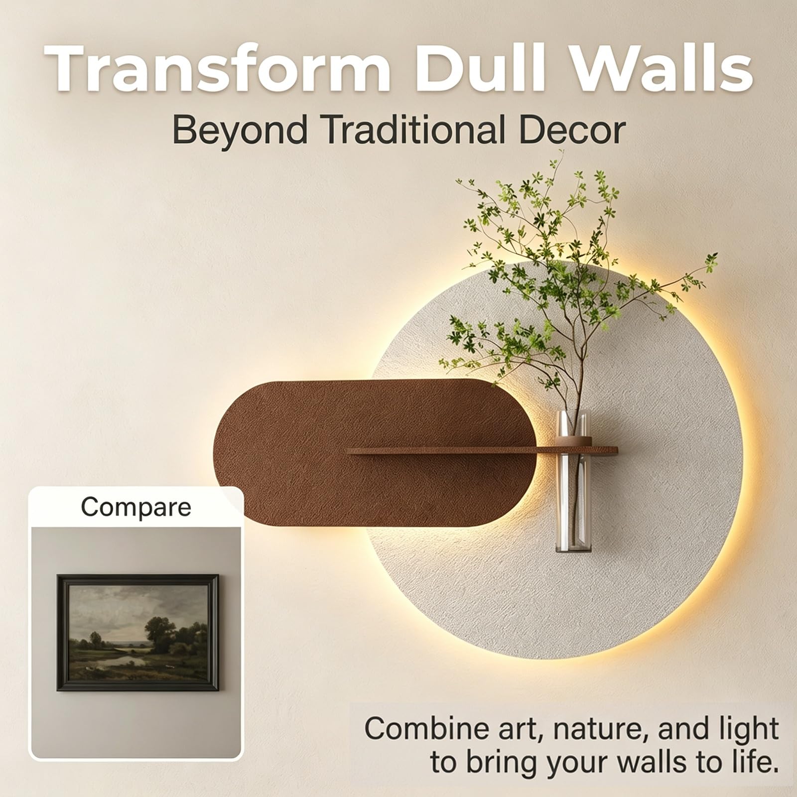 3D Wandbild Sandstein mit LED Beleuchtung, Wanddekoration Wohnzimmer | Strukturierter Sandstein, Indirektes LED-Licht, Inklusive Glasvase, Wanddekoration(A-LED+REMOTE,25.6in*19.7in)