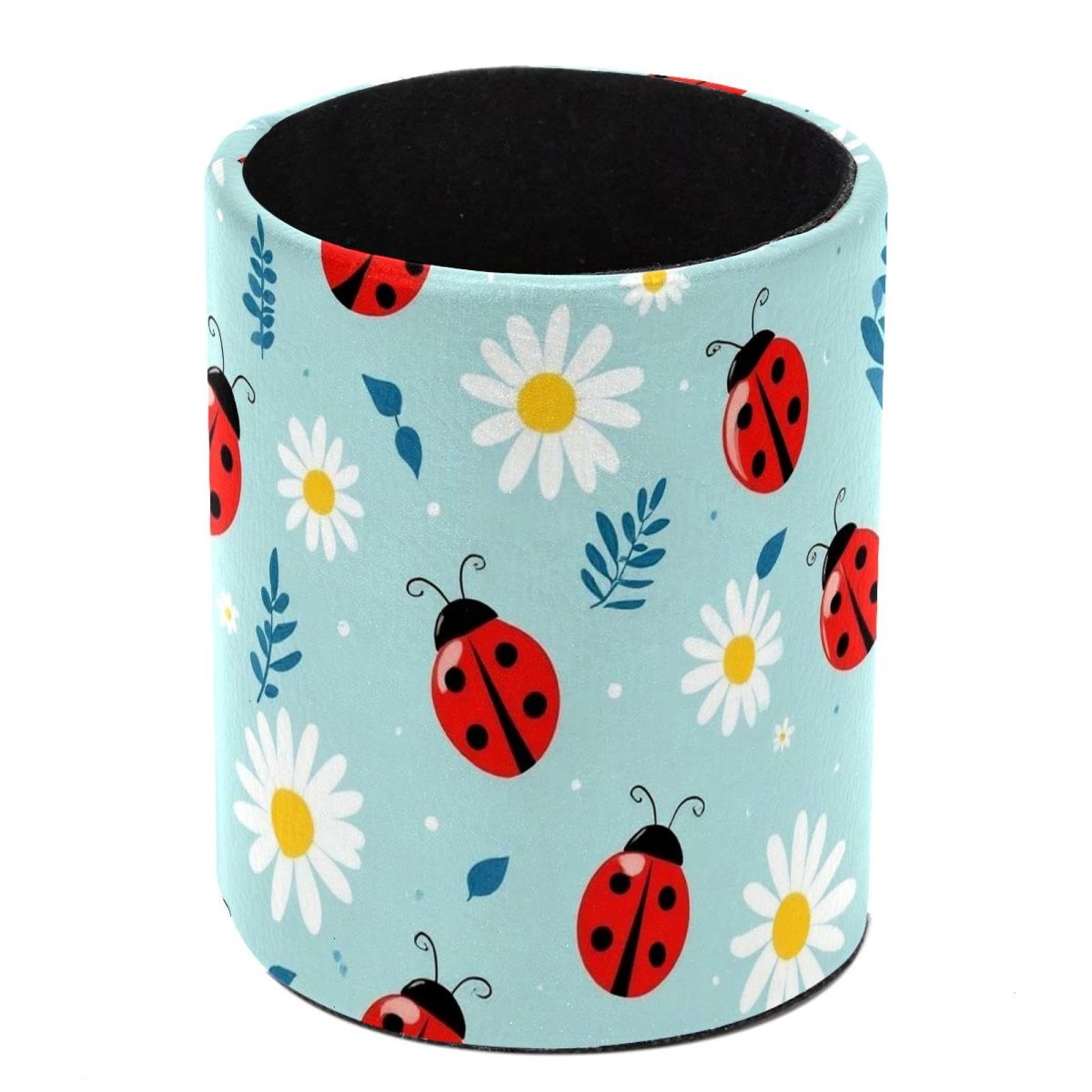 HEOEH Daisies Ladybug Pen Holder for Desk, PU Leather Pencil Holder Pen Cup Marker Holder Makeup Brush Holders, Desk Accessories & Workspace Organizers for Home, Office