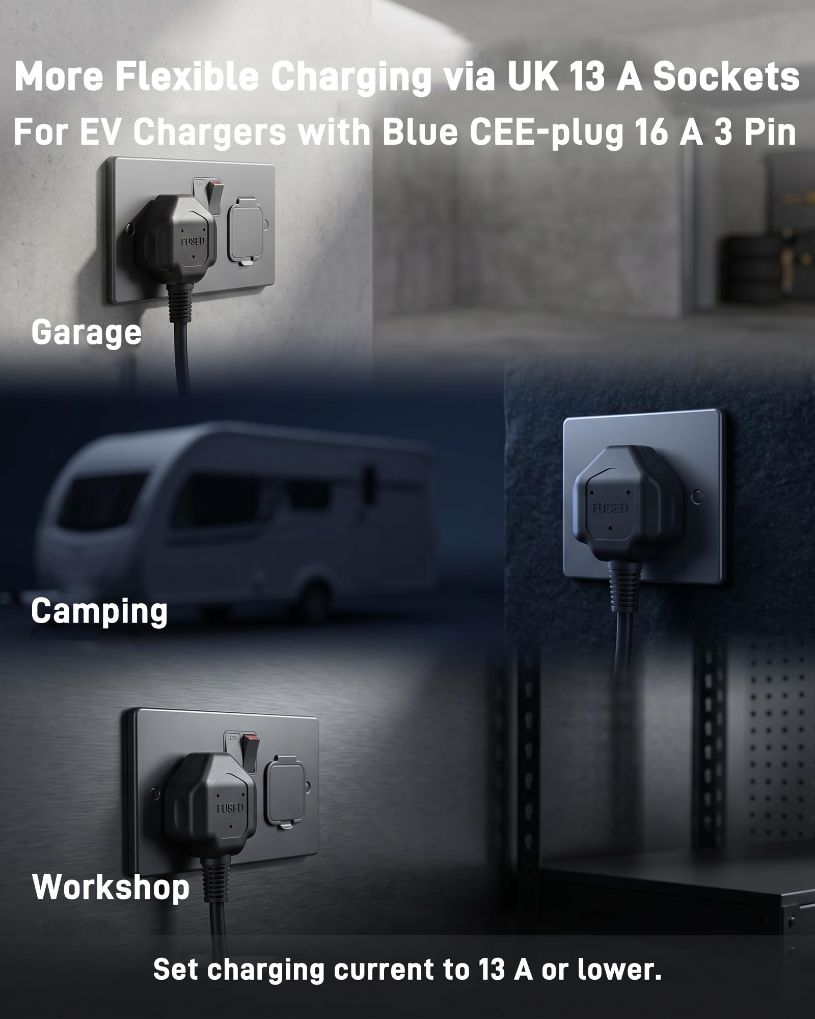 CEE-Adapter (UK-13-A-Stecker auf Blaue CEE-16-A-Kupplung, 3-polig) | CEE-Adapterkabel 3G2,5 mm², 0,5 m / 230 V/max. 13 A | für Mobile Wallbox, EV-Ladegerät, Camping und Caravan