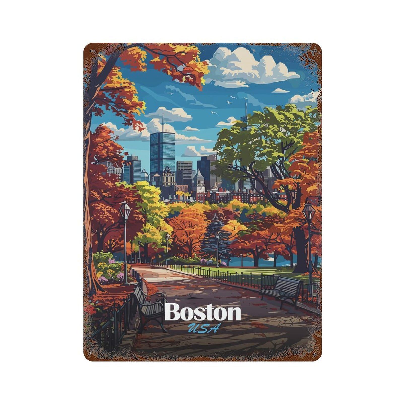 Boston Skyline Autumn Weathered Tin Sign 15.7"x11.8", Ideal for Basement, Hobby Room And Garage Decor