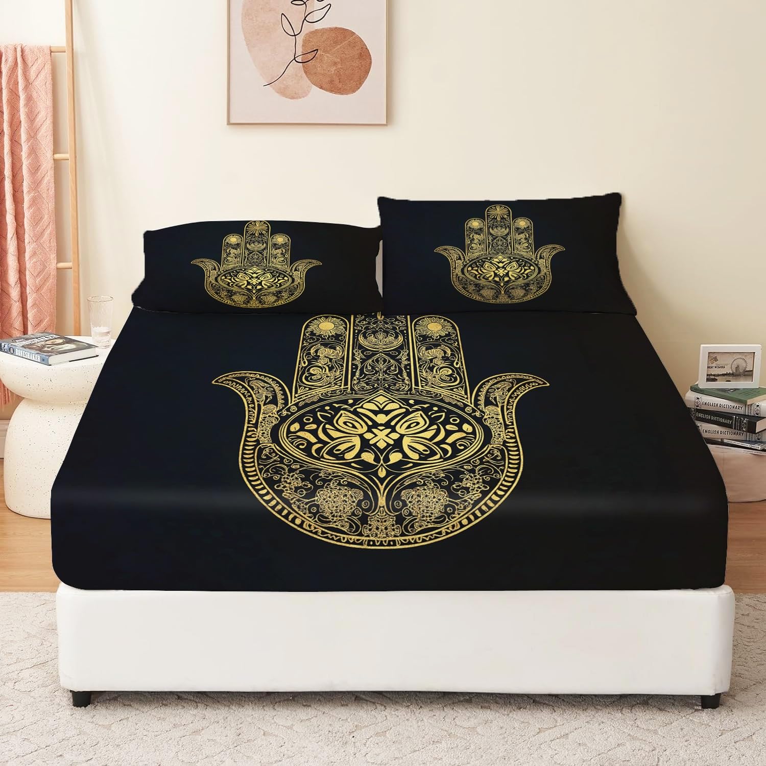 Lenzuolo con angoli 3 pezzi stampato 160 x 202 cm Motivo floreale oro Lenzuolo con angoli extra profondo Oro Lenzuola con angoli con federe in microfibra spazzolata