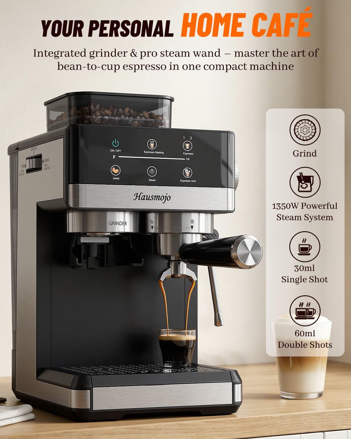 Máquina de café espresso con amoladora, cafetera compacta de 20 barras con espumador de leche, máquina de café profesional para el hogar, control táctil, capuchino y cafetera con leche