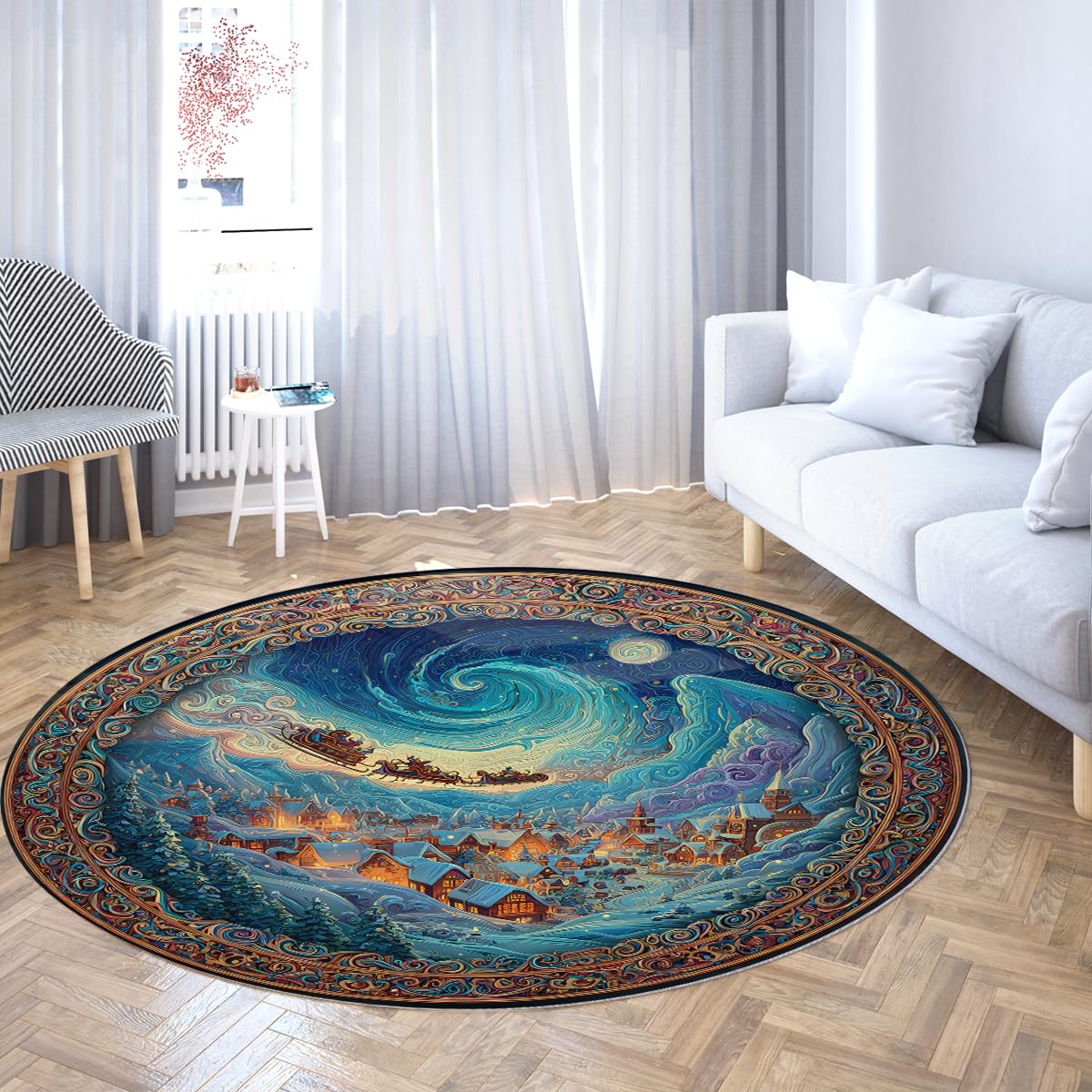 Okrągłe dywaniki do salonu 100 cm (okrągłe) wirujące nocne niebo wzór koło można prać w pralce, niskie runo, dywan vintage, do sypialni, jadalni