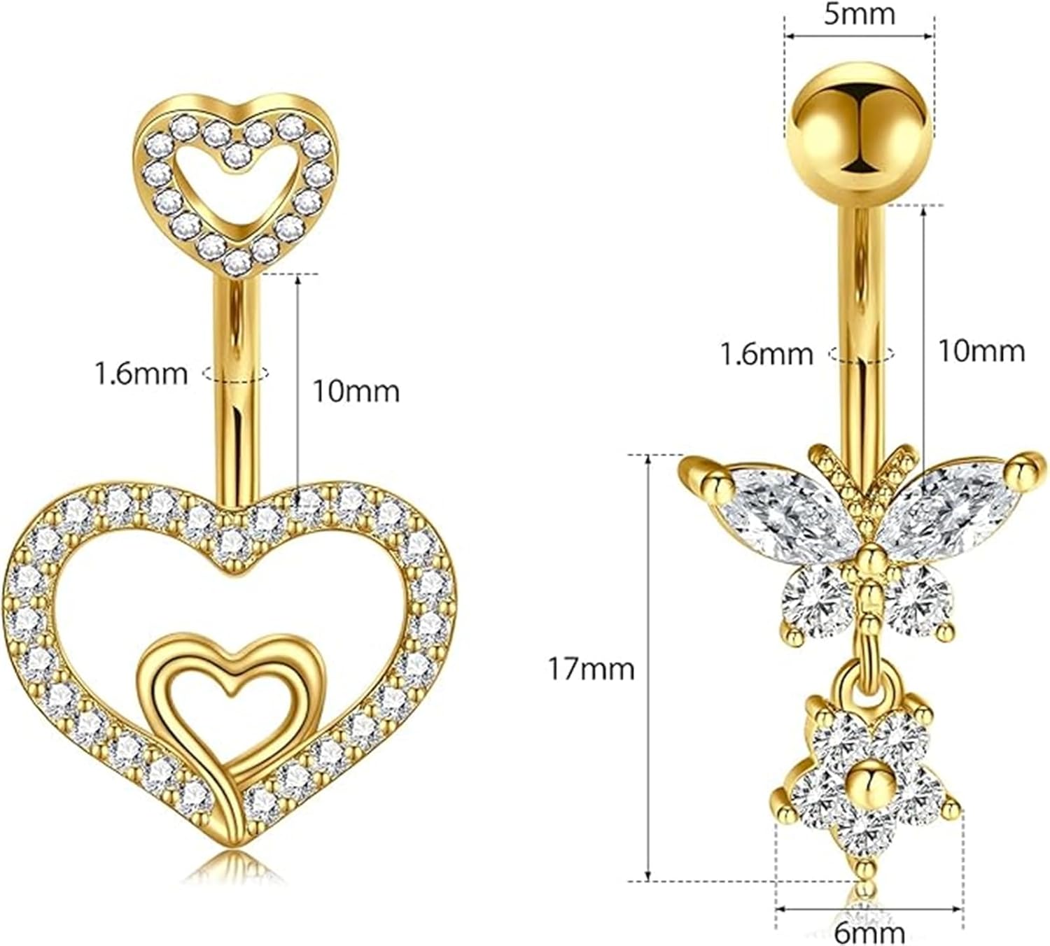 OUFER へそリング 14K ソリッドホワイトゴールド へそリング ハート ソリティア キュービックジルコニア へそリング へそリ 14G  ]上品さと可愛らしさを兼ね備えた トリプルハート デザイン Heart キュービックジルコニア へそピアスボディピアス ［ピンクゴールド ］1023  ... Vsnnsns 14G へそリング ピアス ジュエリー 316L ステンレススチール サージカルスチール ハート CZ オパール バ