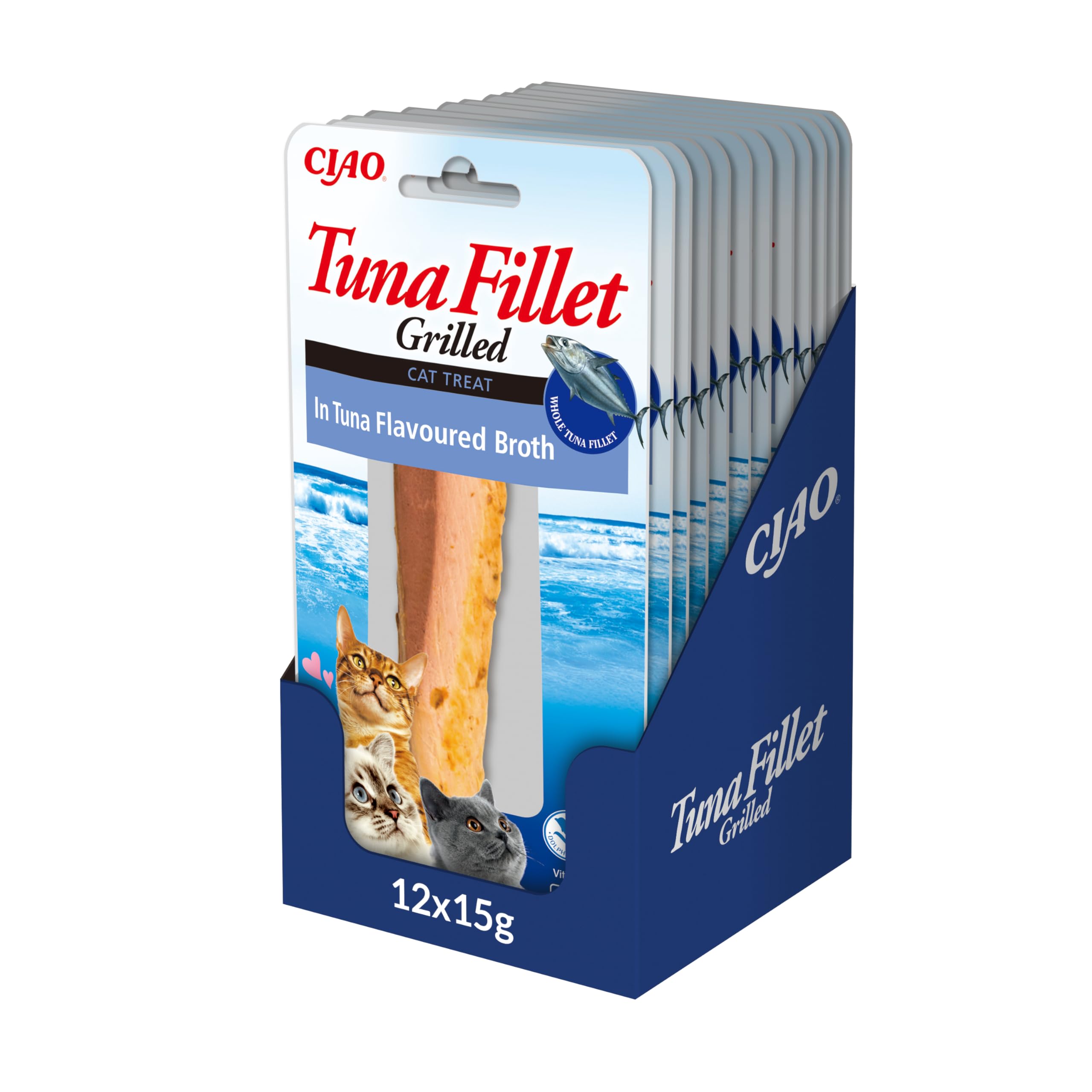 INABA Tuna Fillet Grillowany - Przysmaki dla kotów z tuńczyka - Rosół o smaku tuńczyka - Przekąska dla kotów z grilla i bogata w antyoksydanty - 12 filetów po 15g