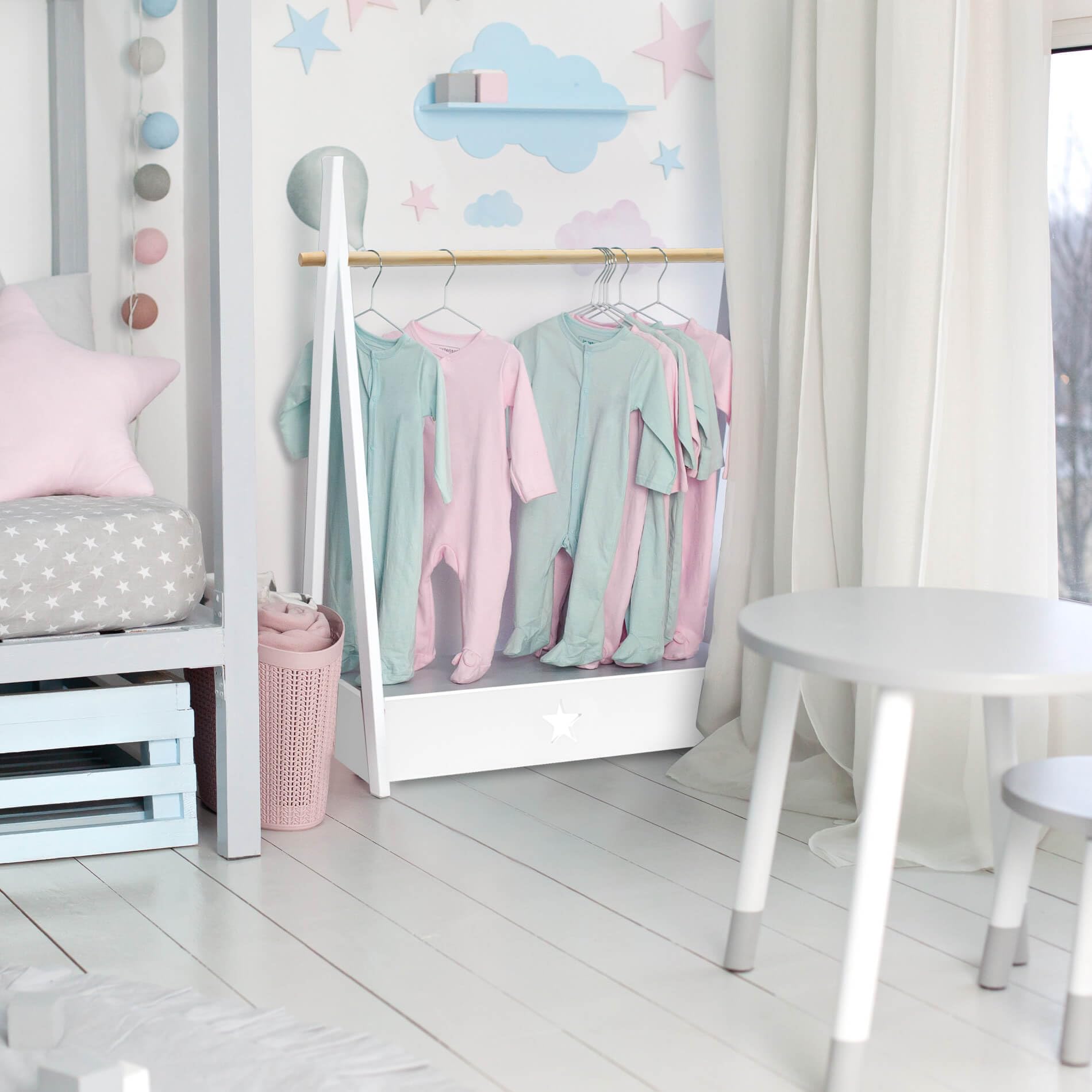 Rebecca Mobili Appendiabiti Per Bambini Guardaroba A Giorno Bianco MDF Pino 118x82x42 cm