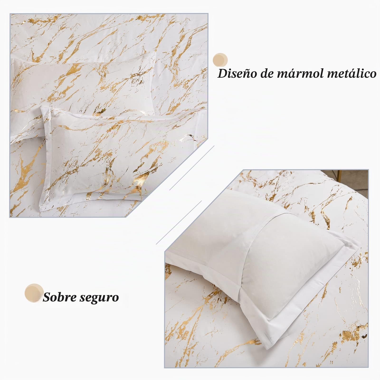 Juego de edredón de Navidad con Estampado de mármol metálico Blanco y Dorado, Juego de Ropa de Cama con Purpurina y 2 Fundas de Almohada para Todas Las Estaciones, Juego de edredón de Microfibra