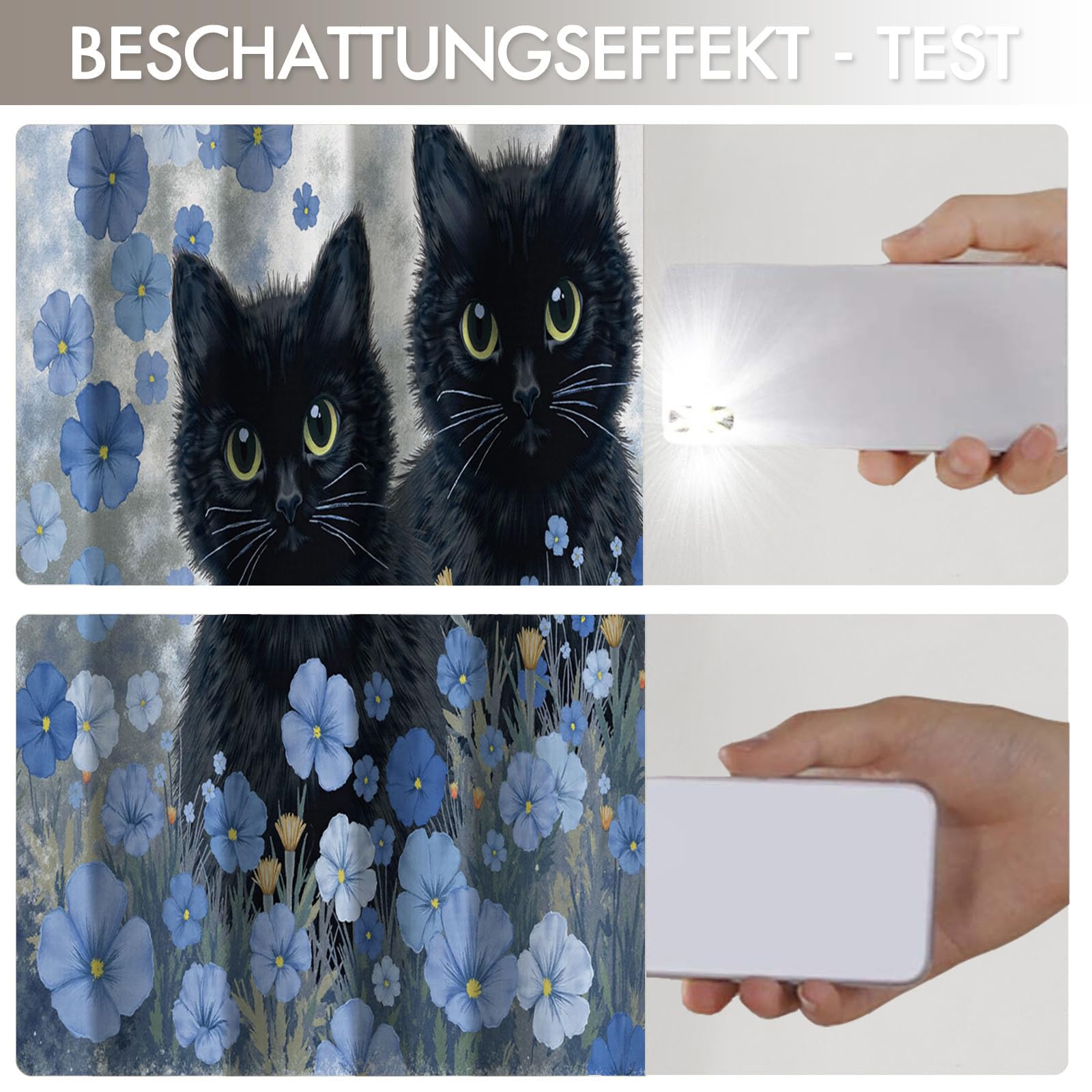 90% Blickdichte Vorhänge Aquarellblumen Katze, Thermo Verdunklungsvorhänge Mit Ösen, Blaugrau Rustikales Tier Fenster Gardinen Wohnzimmer Schlafzimmer Deko, 2Er Set H160Xb140Cm